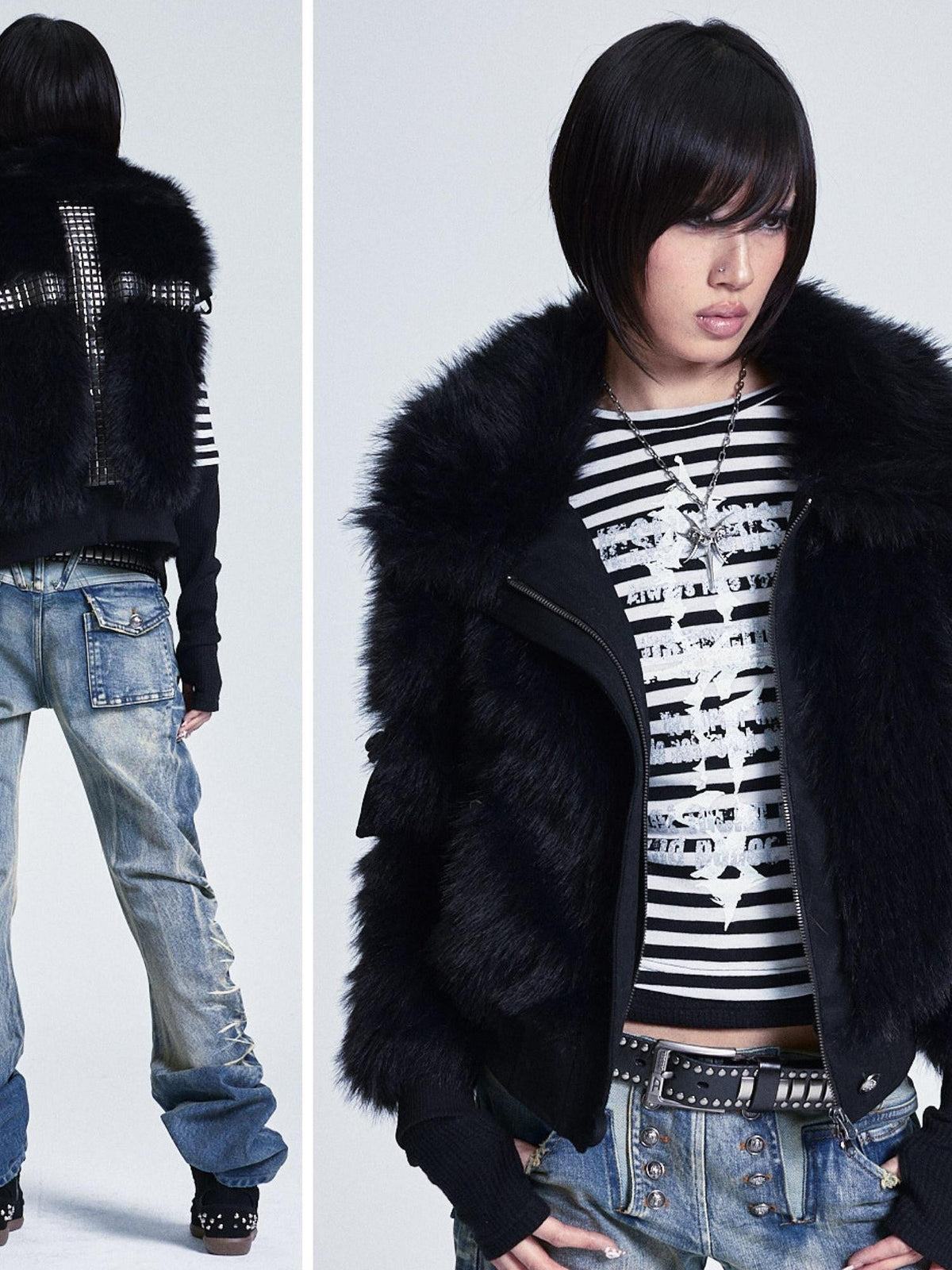 Diamond Quilted Detachable Fur Collar Cross Rhinestone Women's Padded Vests
