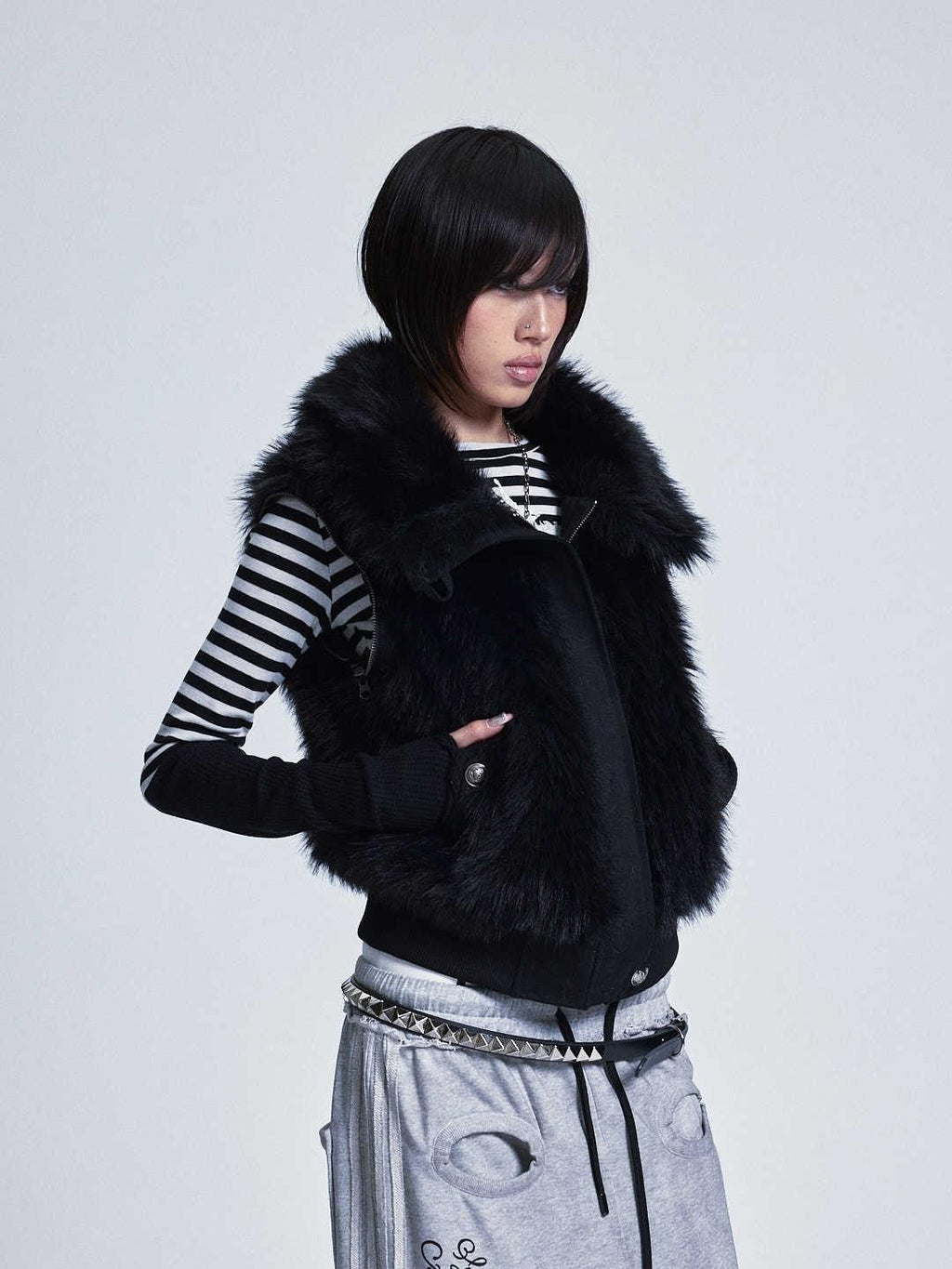 Diamond Quilted Detachable Fur Collar Cross Rhinestone Women's Padded Vests