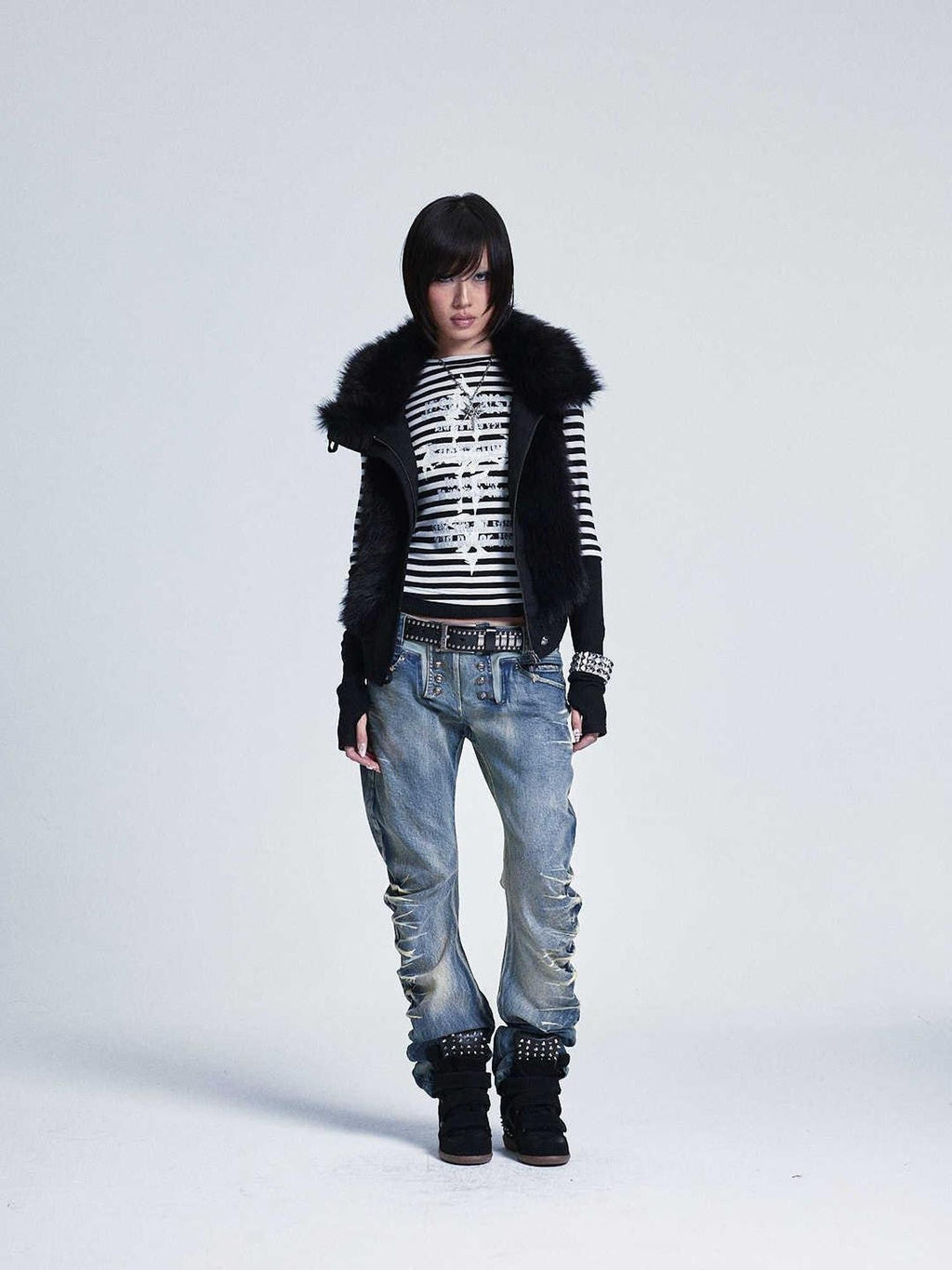 Diamond Quilted Detachable Fur Collar Cross Rhinestone Women's Padded Vests