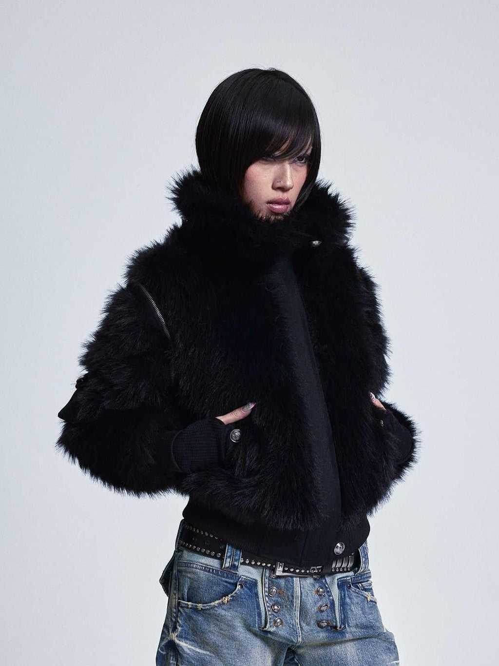 Diamond Quilted Detachable Fur Collar Cross Rhinestone Women's Padded Vests