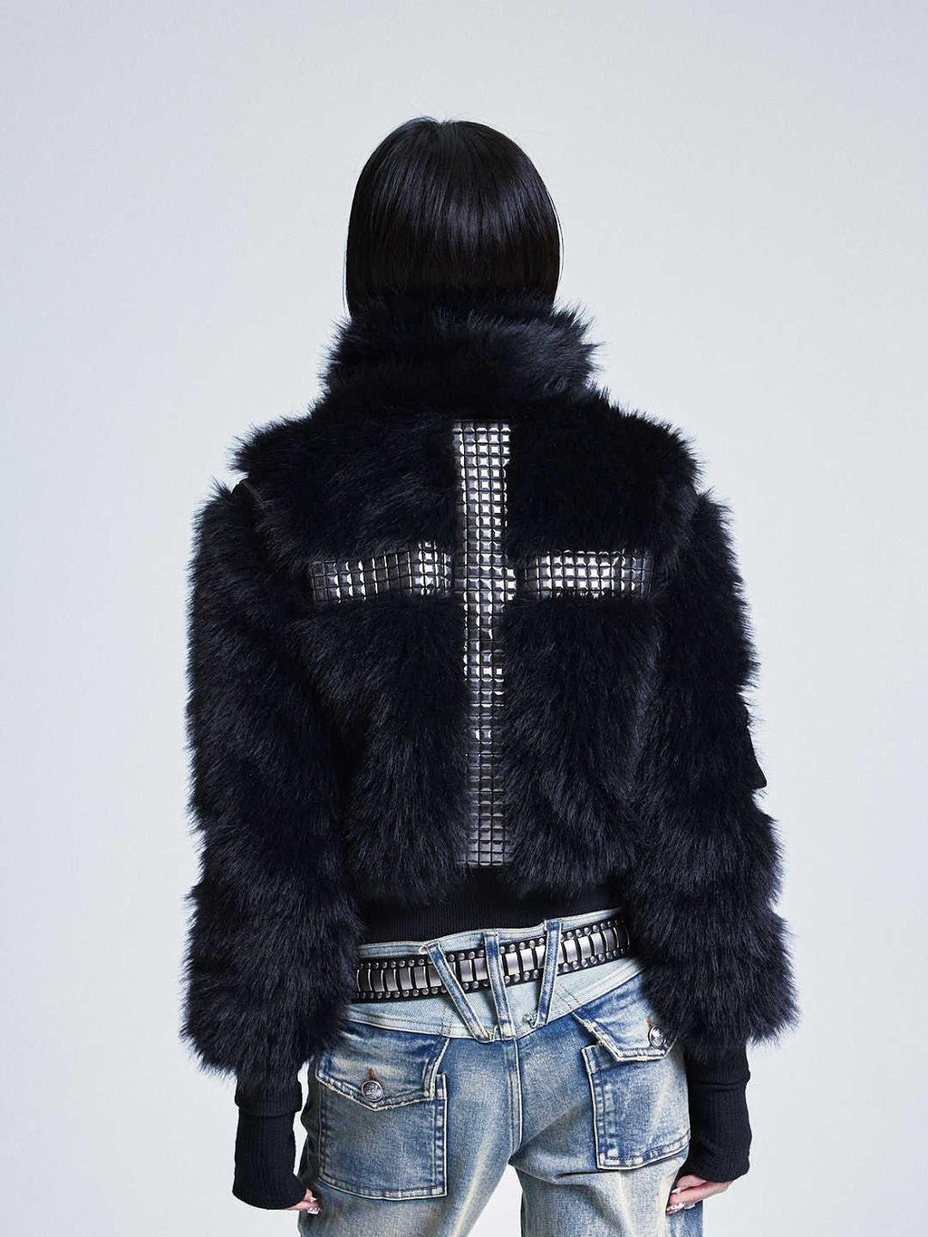 Diamond Quilted Detachable Fur Collar Cross Rhinestone Women's Padded Vests
