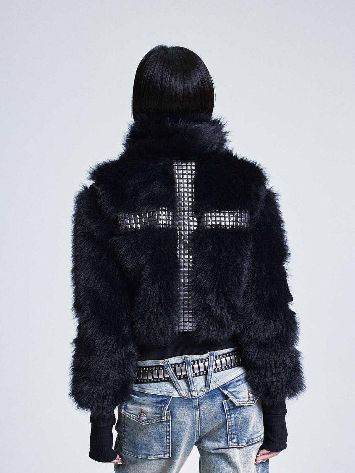 Diamond Quilted Detachable Fur Collar Cross Rhinestone Women's Padded Vests