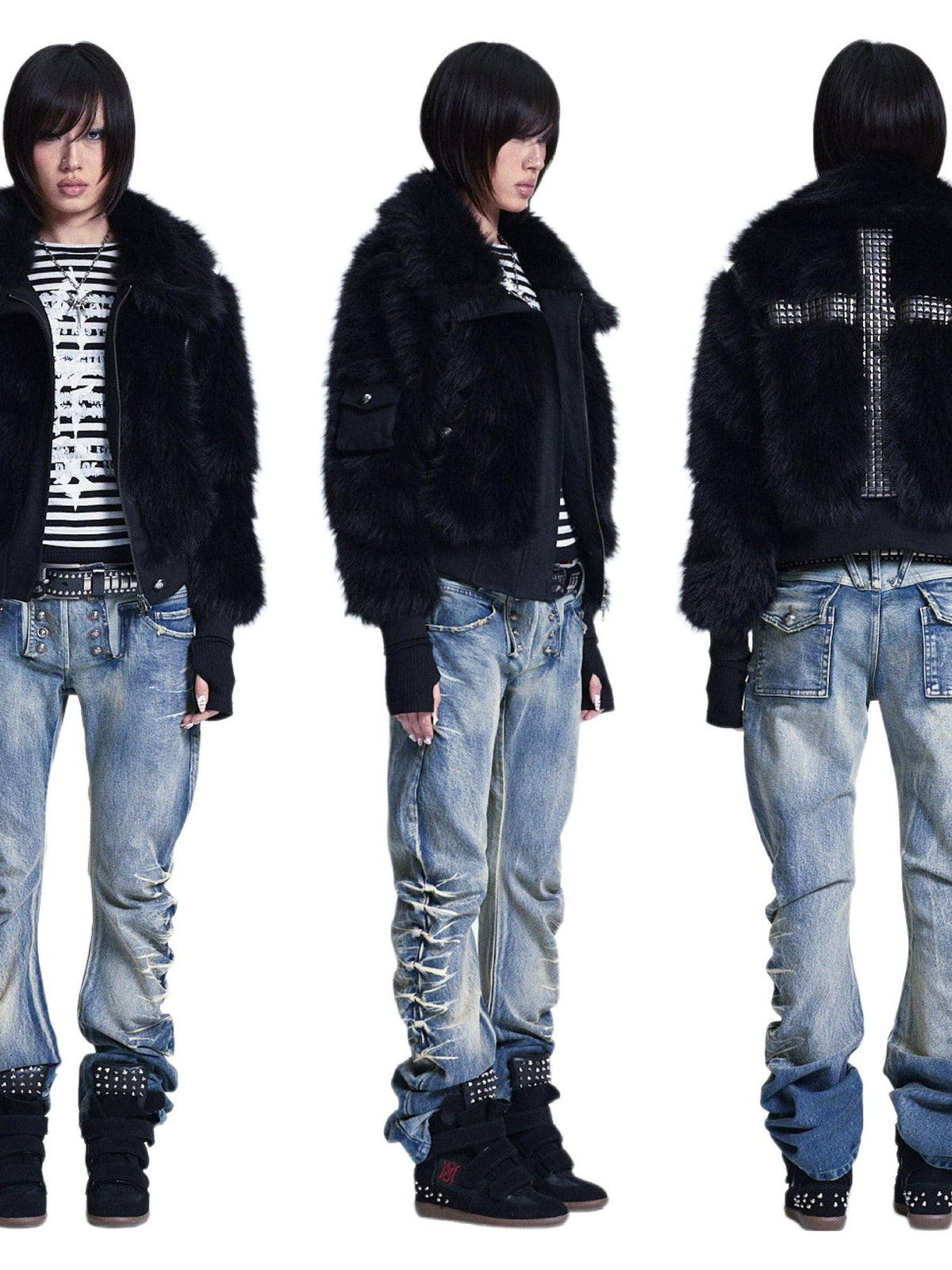 Diamond Quilted Detachable Fur Collar Cross Rhinestone Women's Padded Vests