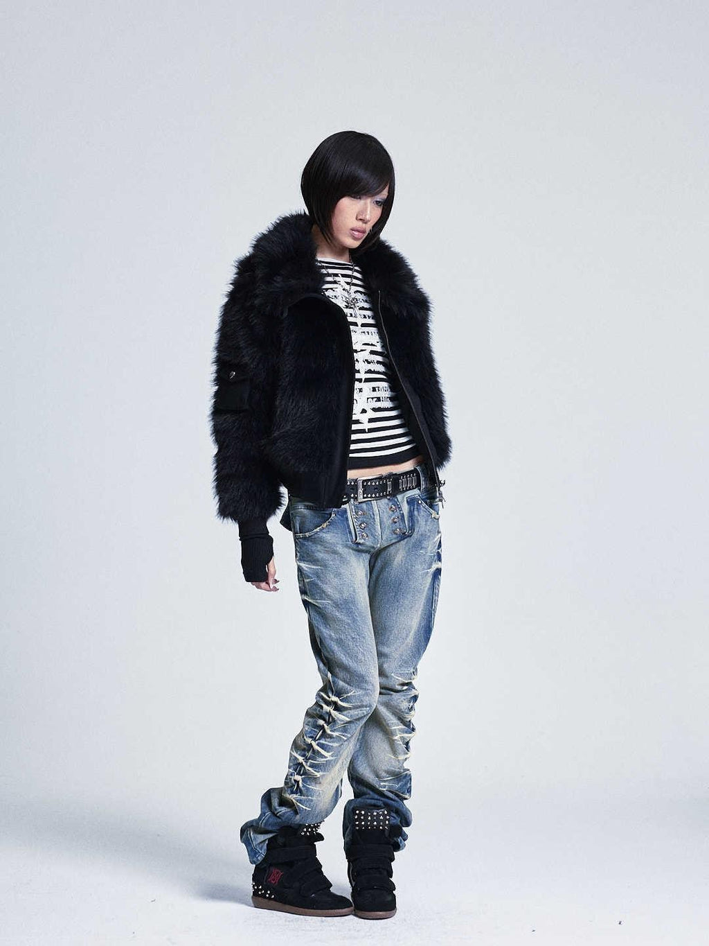Diamond Quilted Detachable Fur Collar Cross Rhinestone Women's Padded Vests