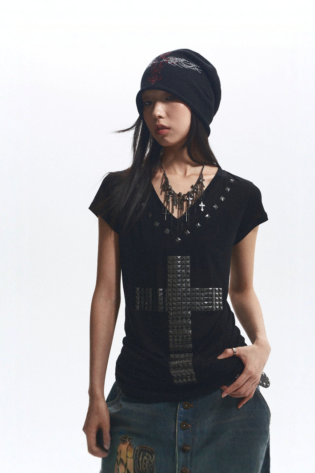 Loose Fit Cross Rhinestone Rivet V-neck Women's Lyocell Short Sleeve T-shirts