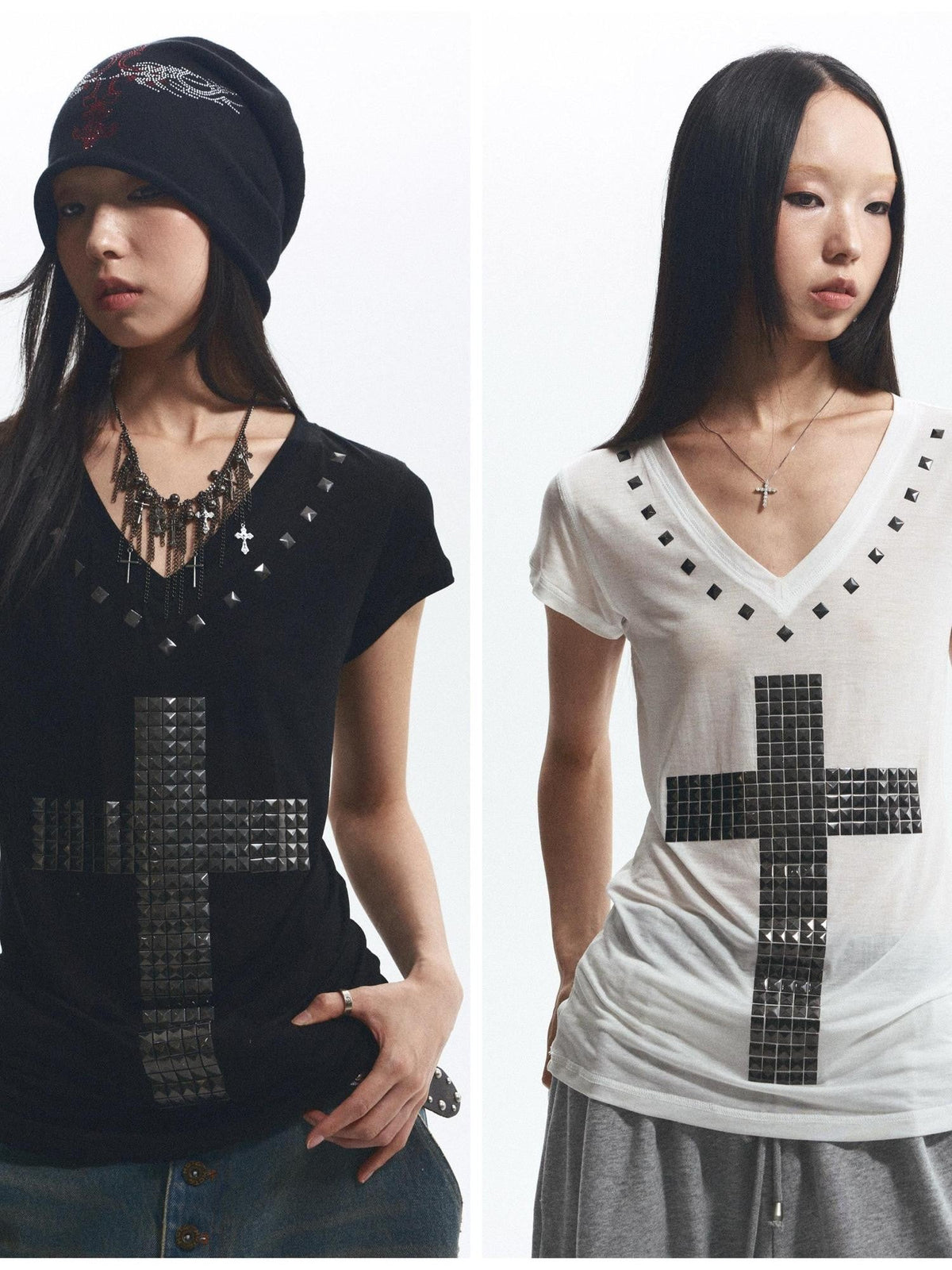 Loose Fit Cross Rhinestone Rivet V-neck Women's Lyocell Short Sleeve T-shirts