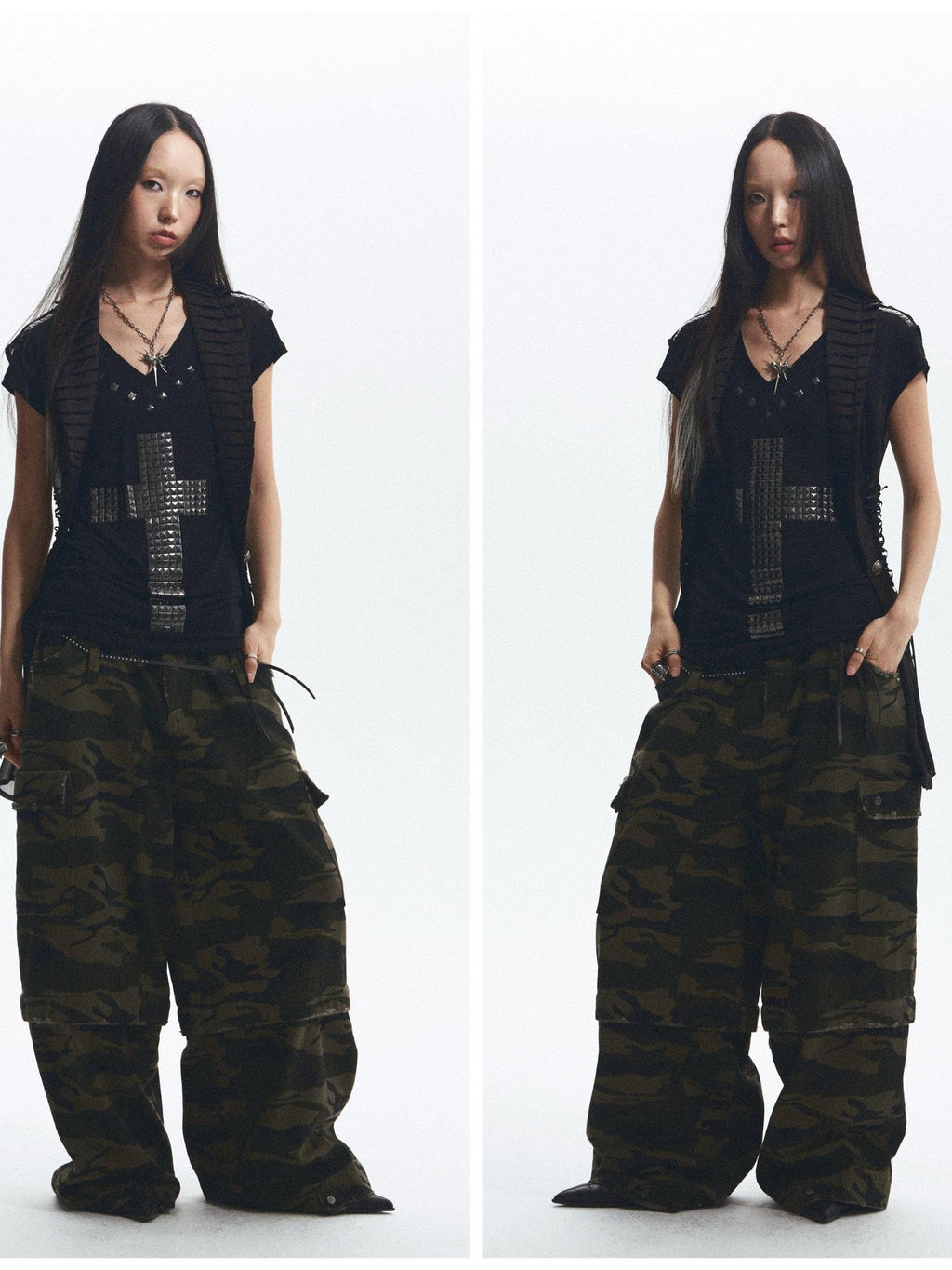 Loose Fit Cross Rhinestone Rivet V-neck Women's Lyocell Short Sleeve T-shirts