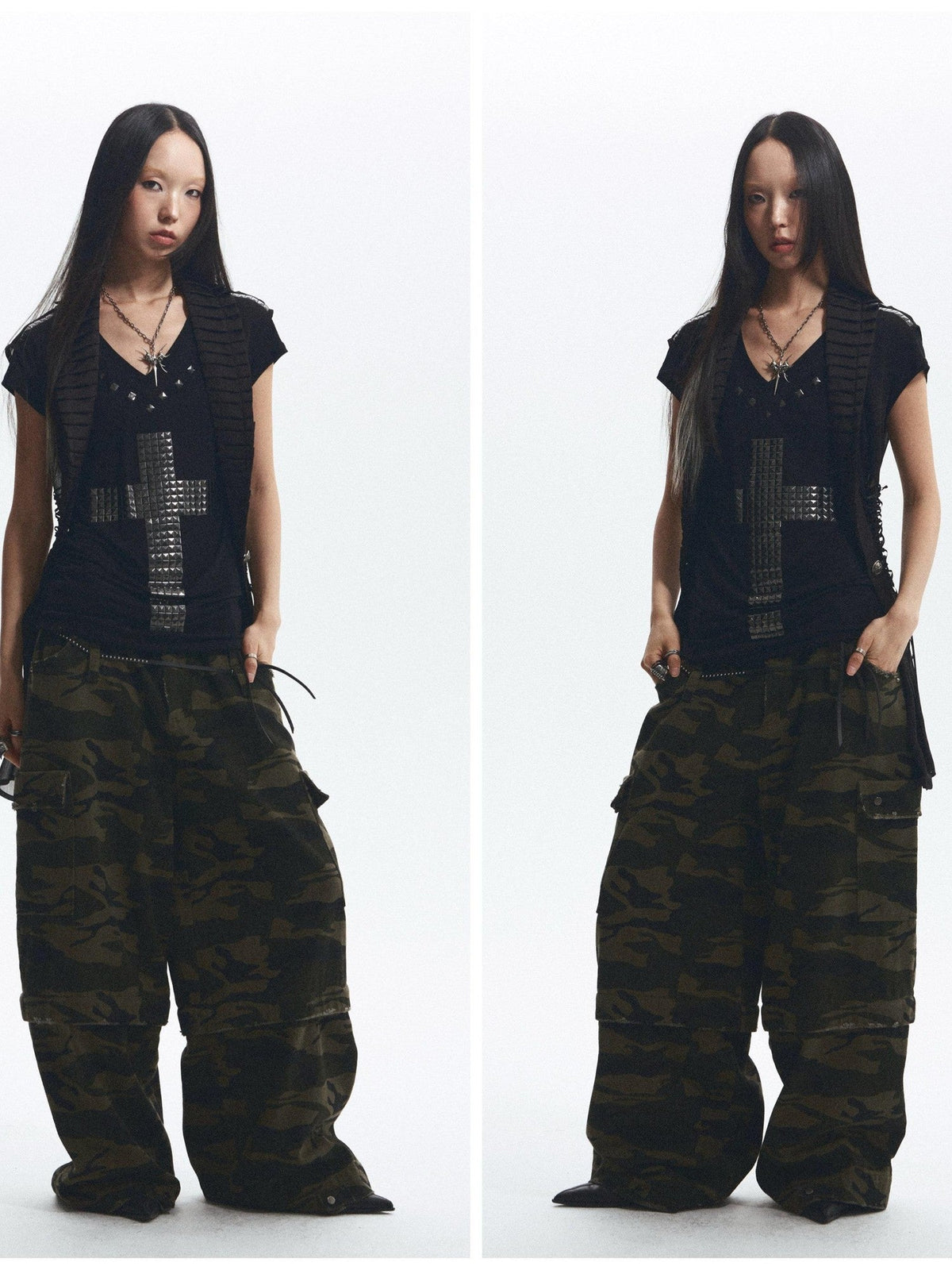 Loose Fit Cross Rhinestone Rivet V-neck Women's Lyocell Short Sleeve T-shirts
