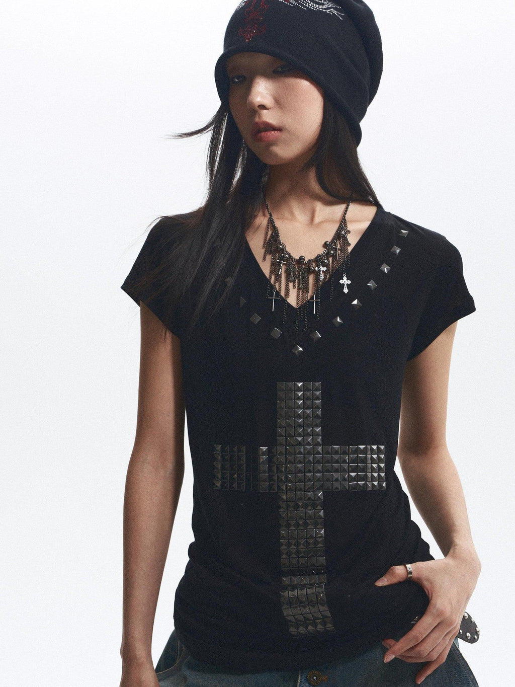 Loose Fit Cross Rhinestone Rivet V-neck Women's Lyocell Short Sleeve T-shirts