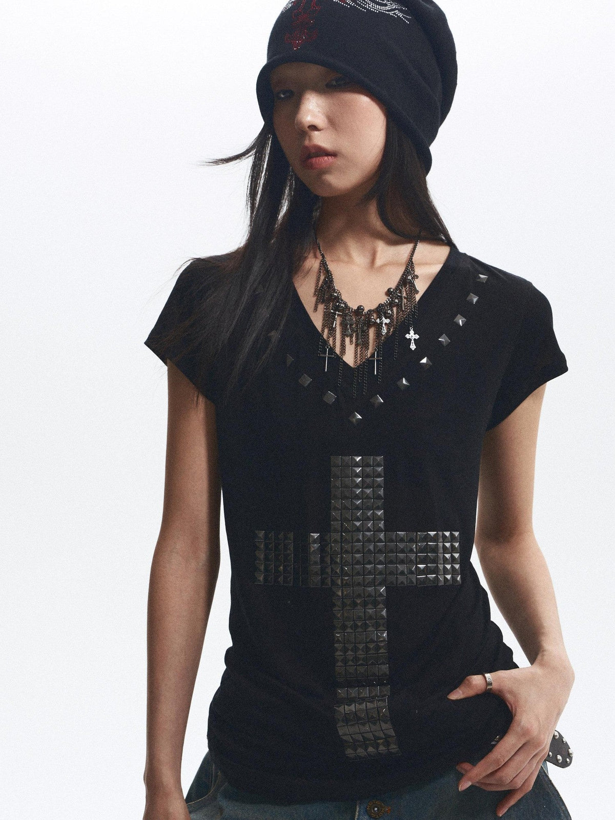 Loose Fit Cross Rhinestone Rivet V-neck Women's Lyocell Short Sleeve T-shirts