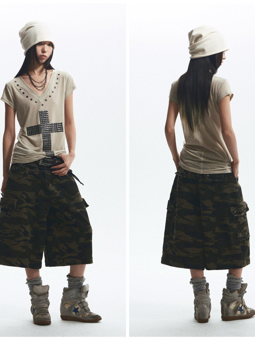 Loose Fit Cross Rhinestone Rivet V-neck Women's Lyocell Short Sleeve T-shirts