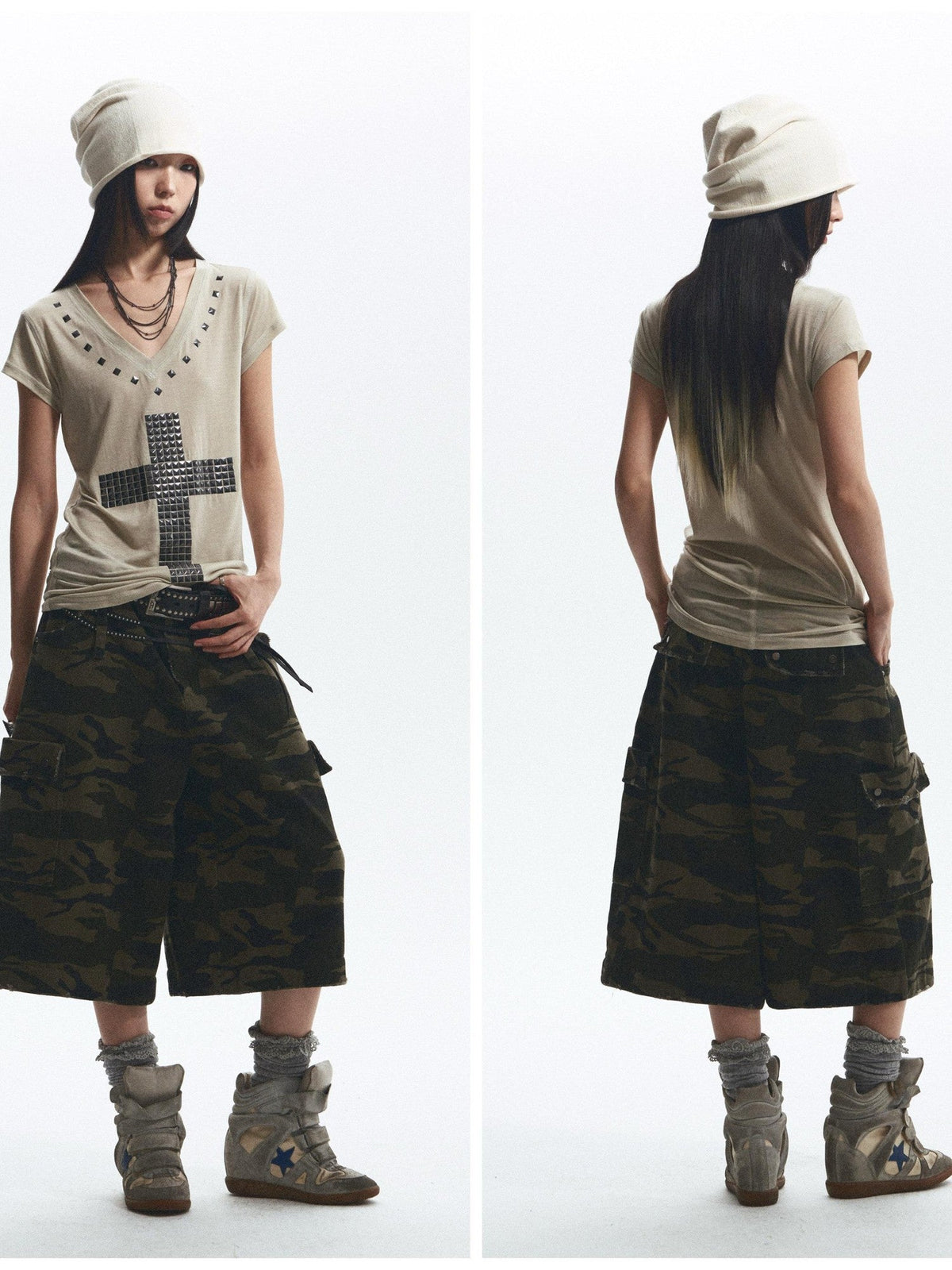 Loose Fit Cross Rhinestone Rivet V-neck Women's Lyocell Short Sleeve T-shirts