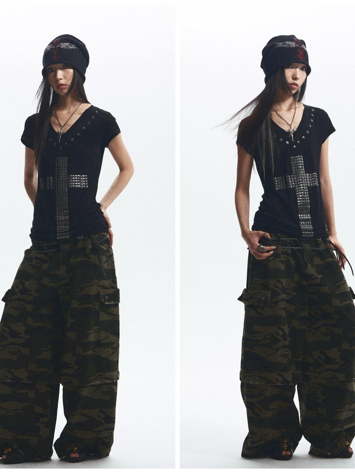 Loose Fit Cross Rhinestone Rivet V-neck Women's Lyocell Short Sleeve T-shirts