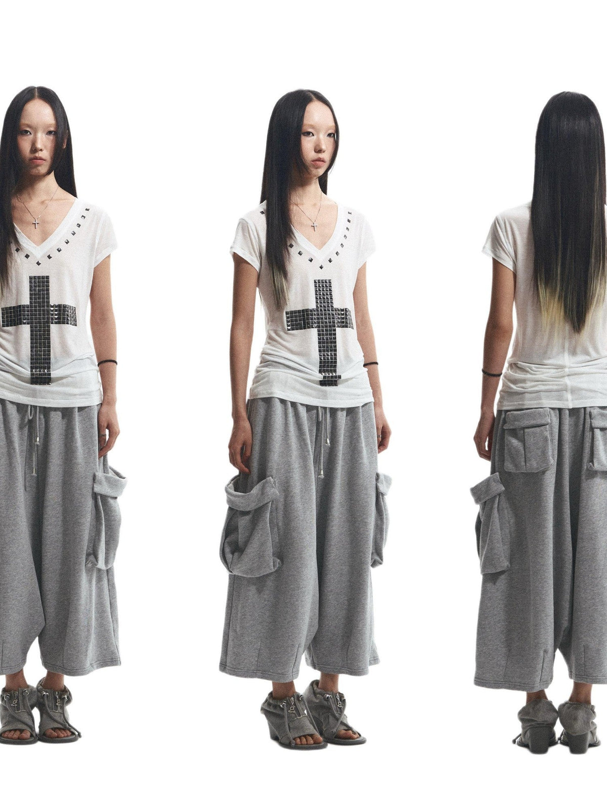 Loose Fit Cross Rhinestone Rivet V-neck Women's Lyocell Short Sleeve T-shirts
