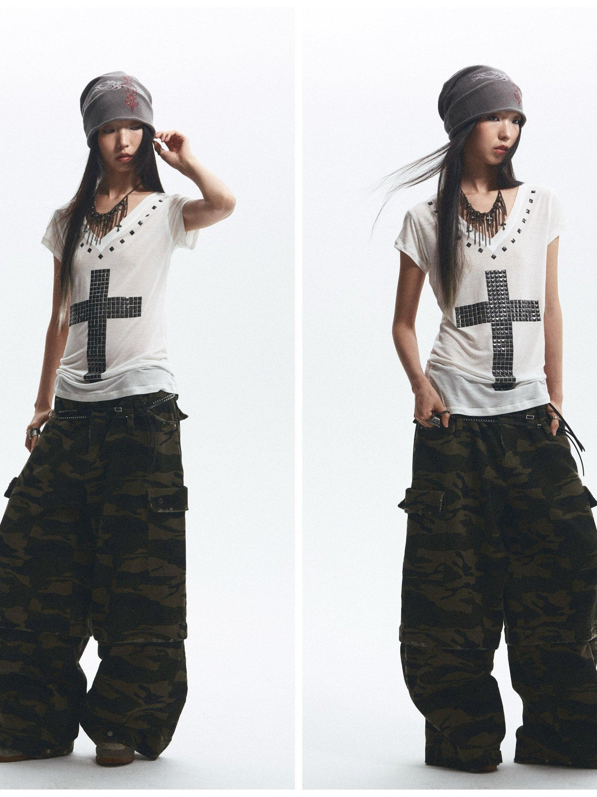 Loose Fit Cross Rhinestone Rivet V-neck Women's Lyocell Short Sleeve T-shirts