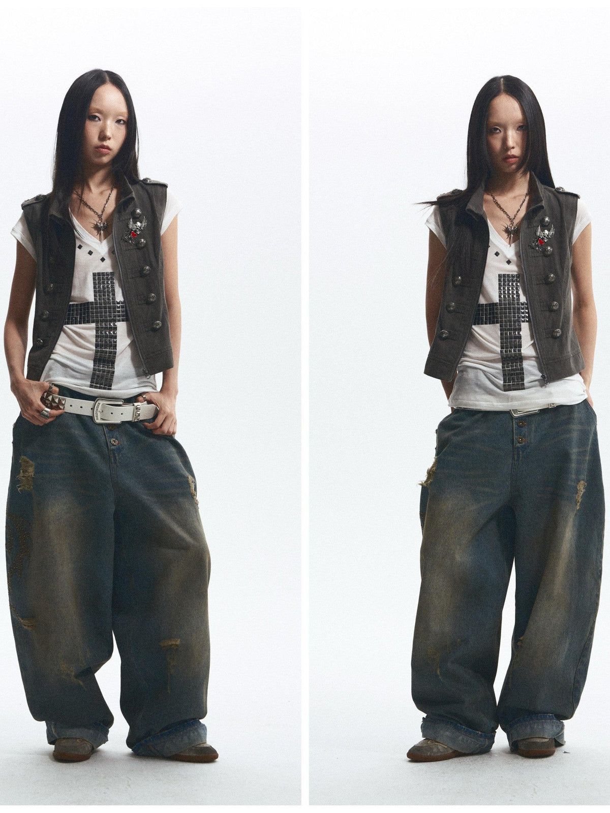 Loose Fit Cross Rhinestone Rivet V-neck Women's Lyocell Short Sleeve T-shirts