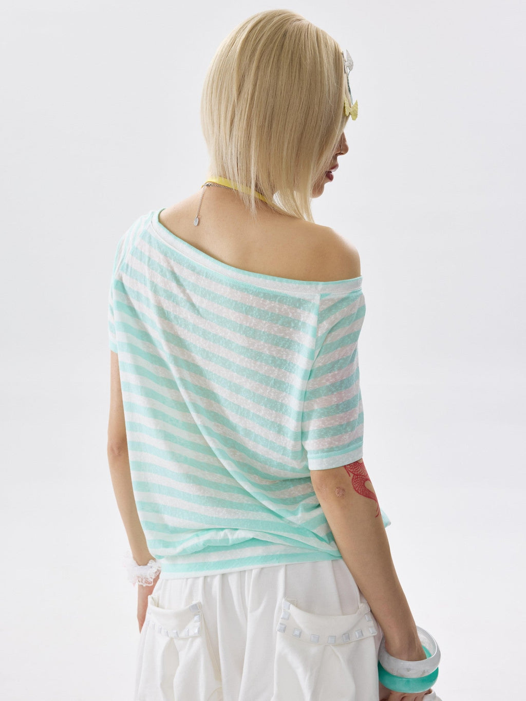Mint Striped One Shoulder Halter Bow Tie Hem Women's Short Sleeve T-shirts