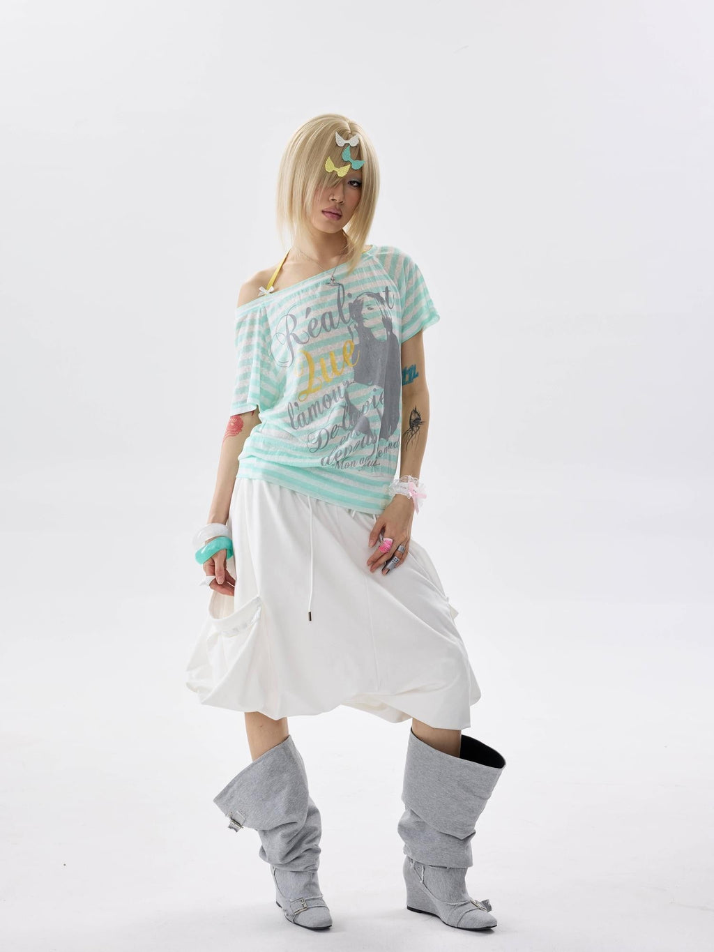 Mint Striped One Shoulder Halter Bow Tie Hem Women's Short Sleeve T-shirts