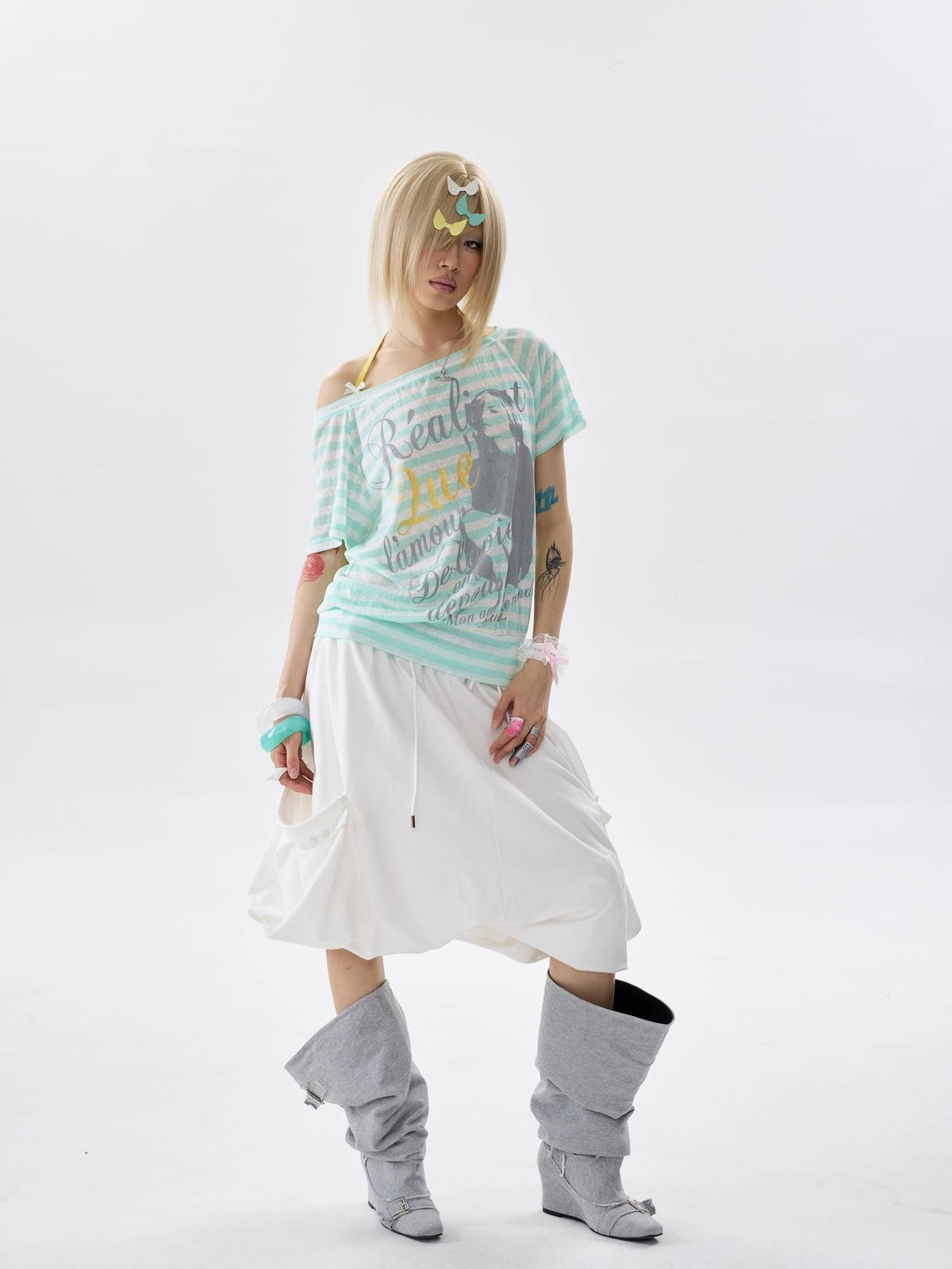 Mint Striped One Shoulder Halter Bow Tie Hem Women's Short Sleeve T-shirts