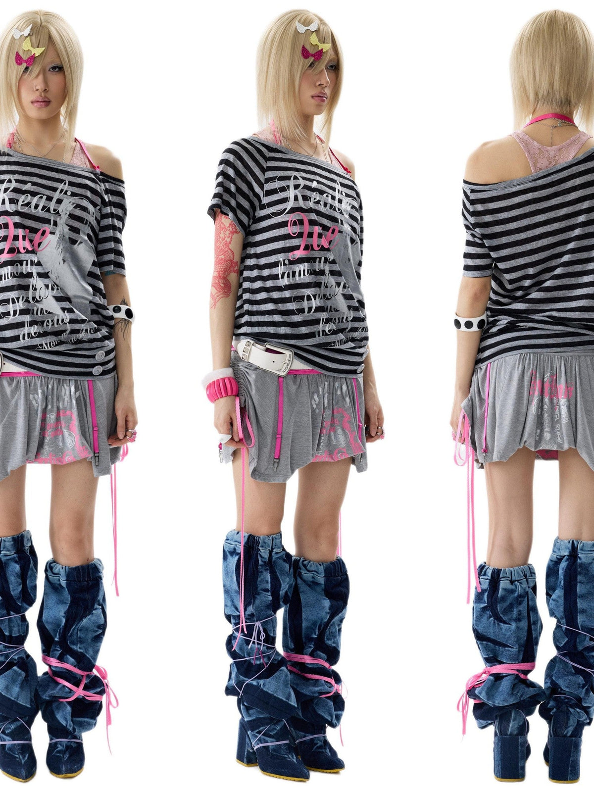 Mint Striped One Shoulder Halter Bow Tie Hem Women's Short Sleeve T-shirts