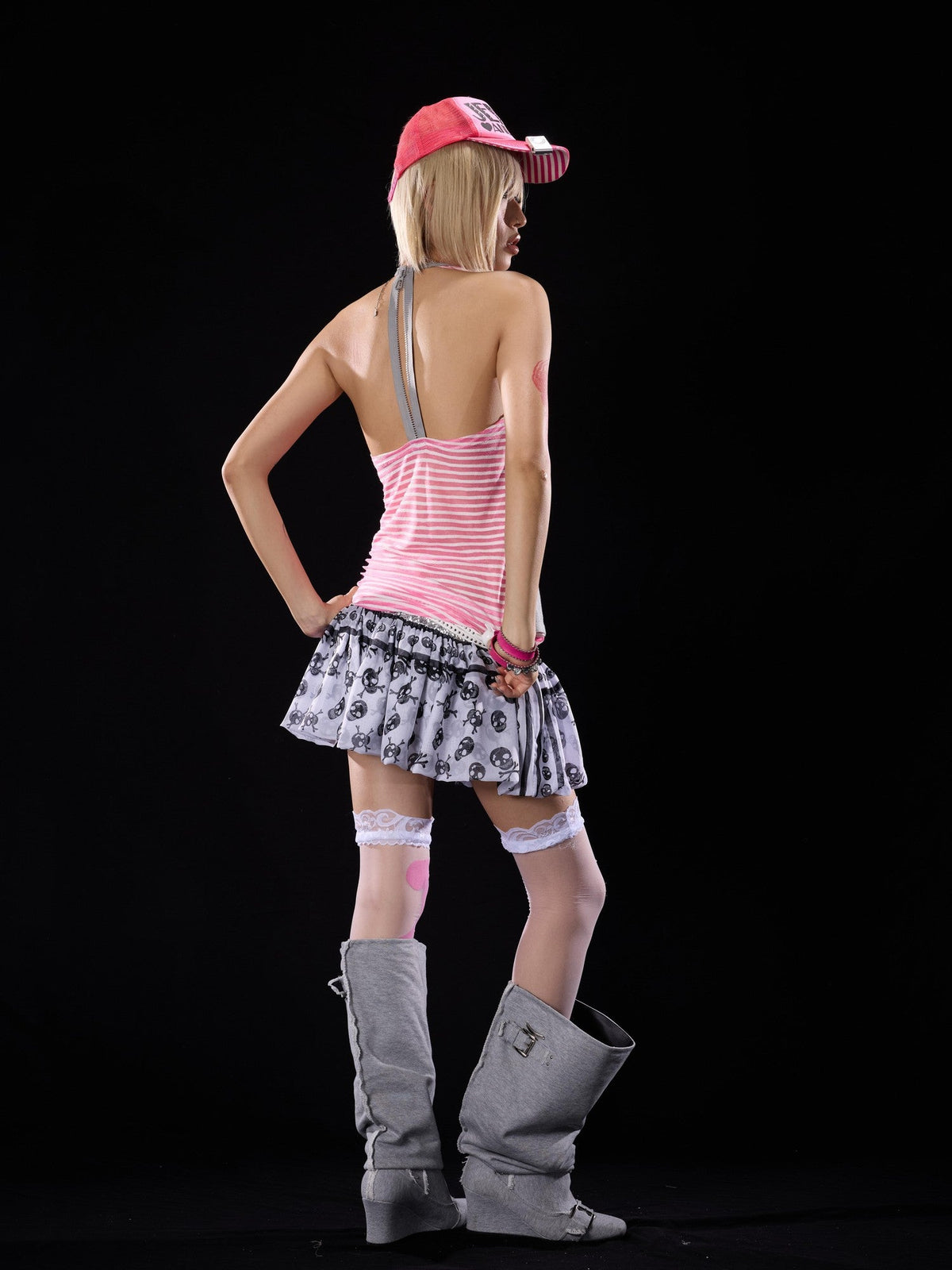 Punk Skull Sequin Chiffon Bubble Hem Low Waist Women's Mini Skirts