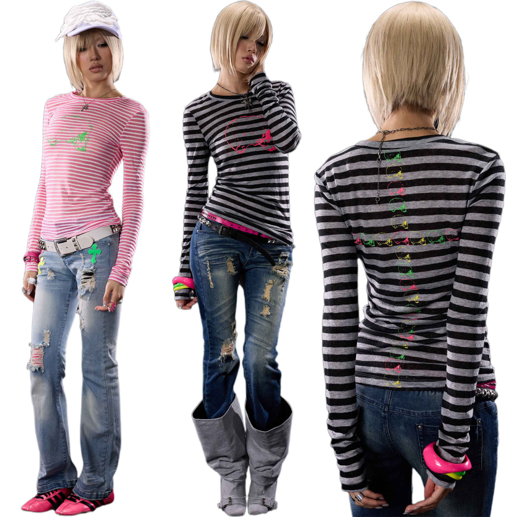 Punk Skull Striped Colorblock Print Slim Fit Women's Cotton Long Sleeve T-shirts