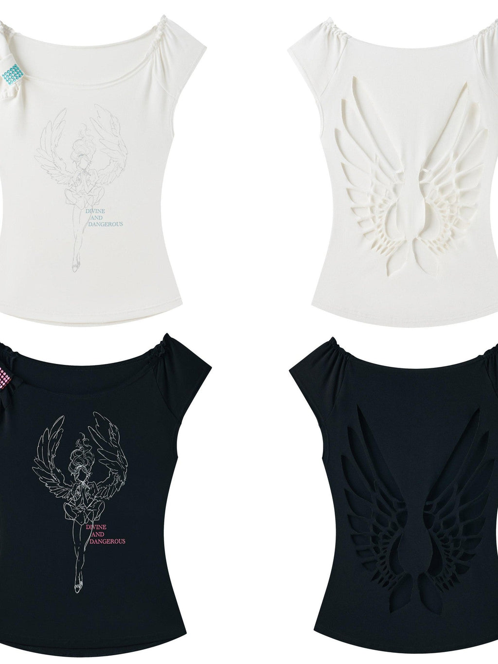 Ruched Rhinestone Wing Cutout One Shoulder Women's Cotton Short Sleeve T-shirts