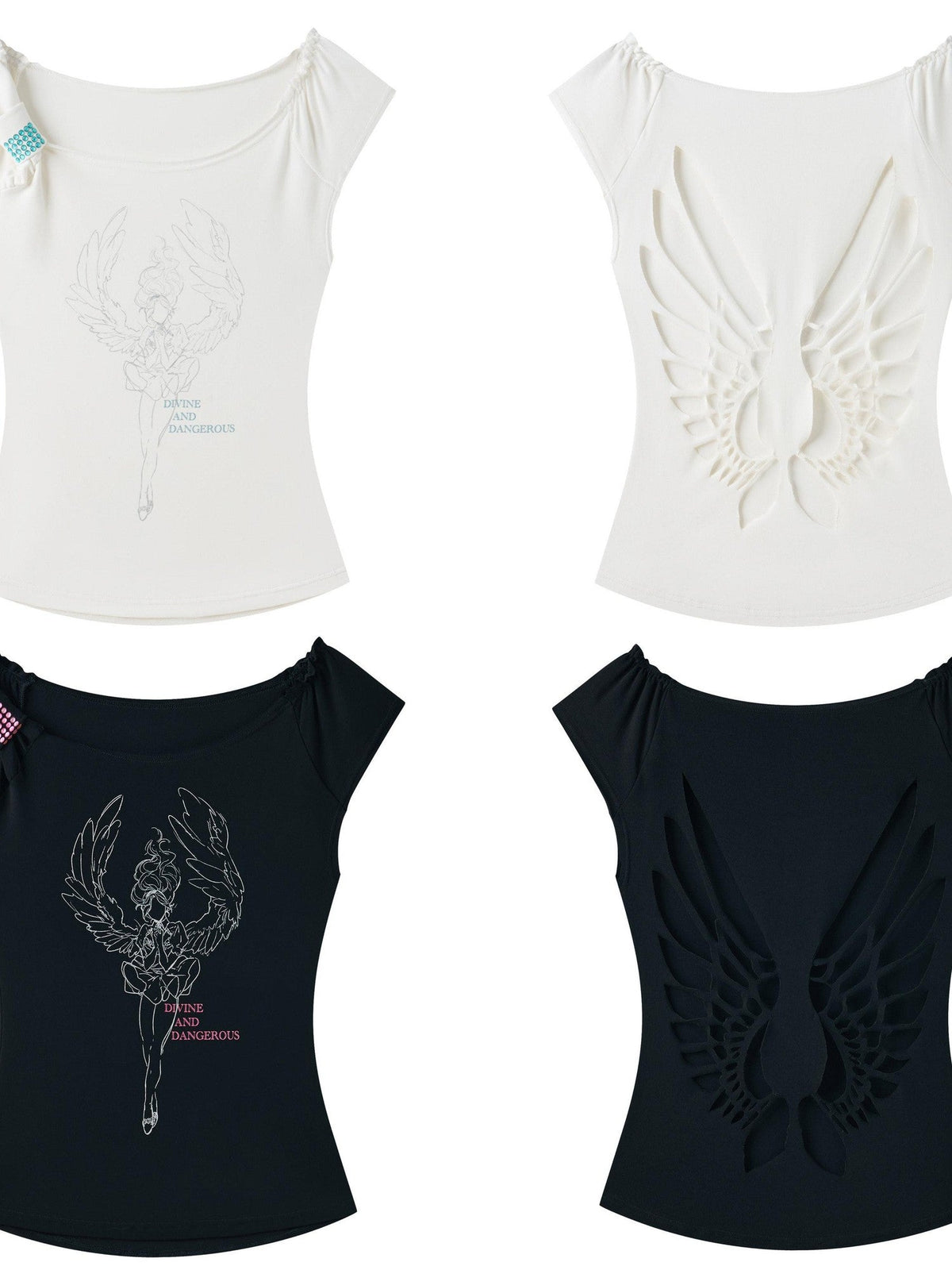 Ruched Rhinestone Wing Cutout One Shoulder Women's Cotton Short Sleeve T-shirts