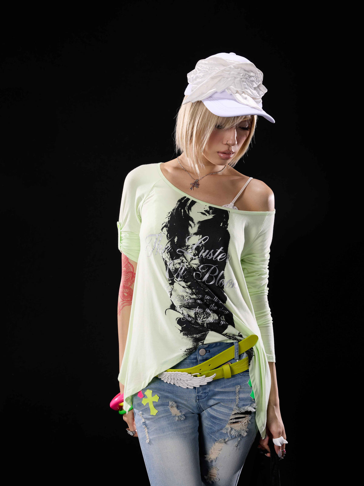Sequin Print Asymmetric Hem High Elastic Women's Cotton Long Sleeve T-shirts