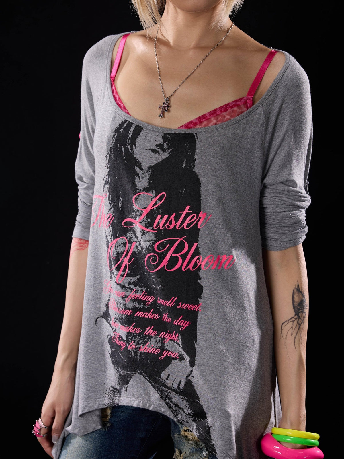 Sequin Print Asymmetric Hem High Elastic Women's Cotton Long Sleeve T-shirts