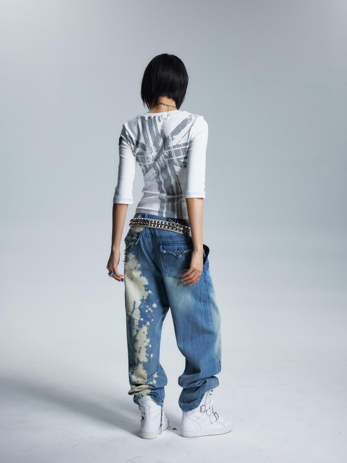Topstitched Asymmetric Neck Applique Slim Women's Cotton Short Sleeve T-shirts