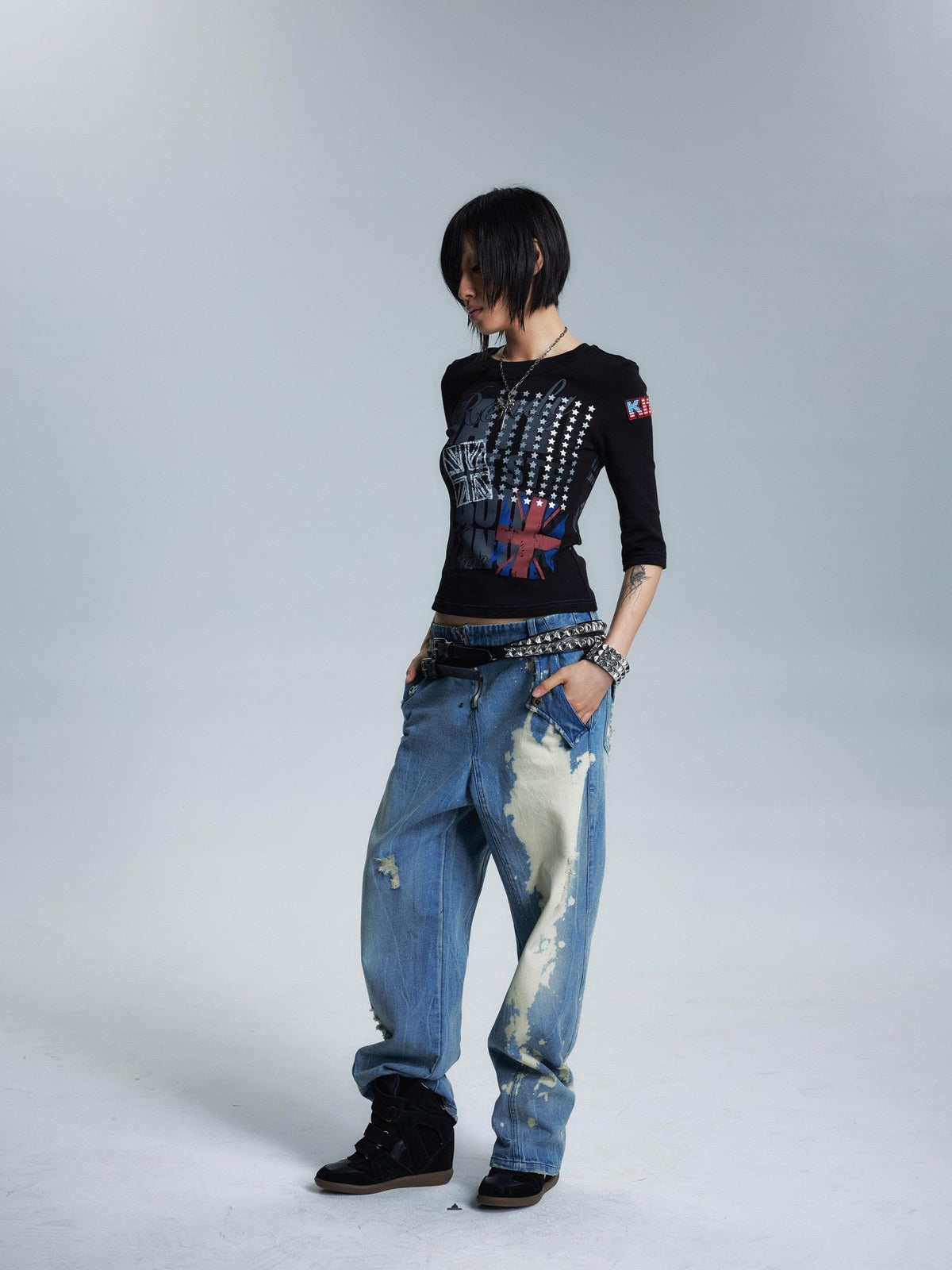 Topstitched Asymmetric Neck Applique Slim Women's Cotton Short Sleeve T-shirts