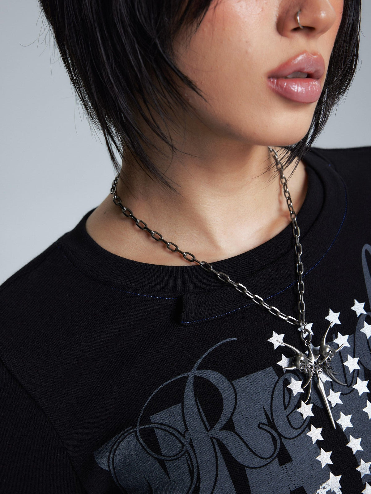 Topstitched Asymmetric Neck Applique Slim Women's Cotton Short Sleeve T-shirts
