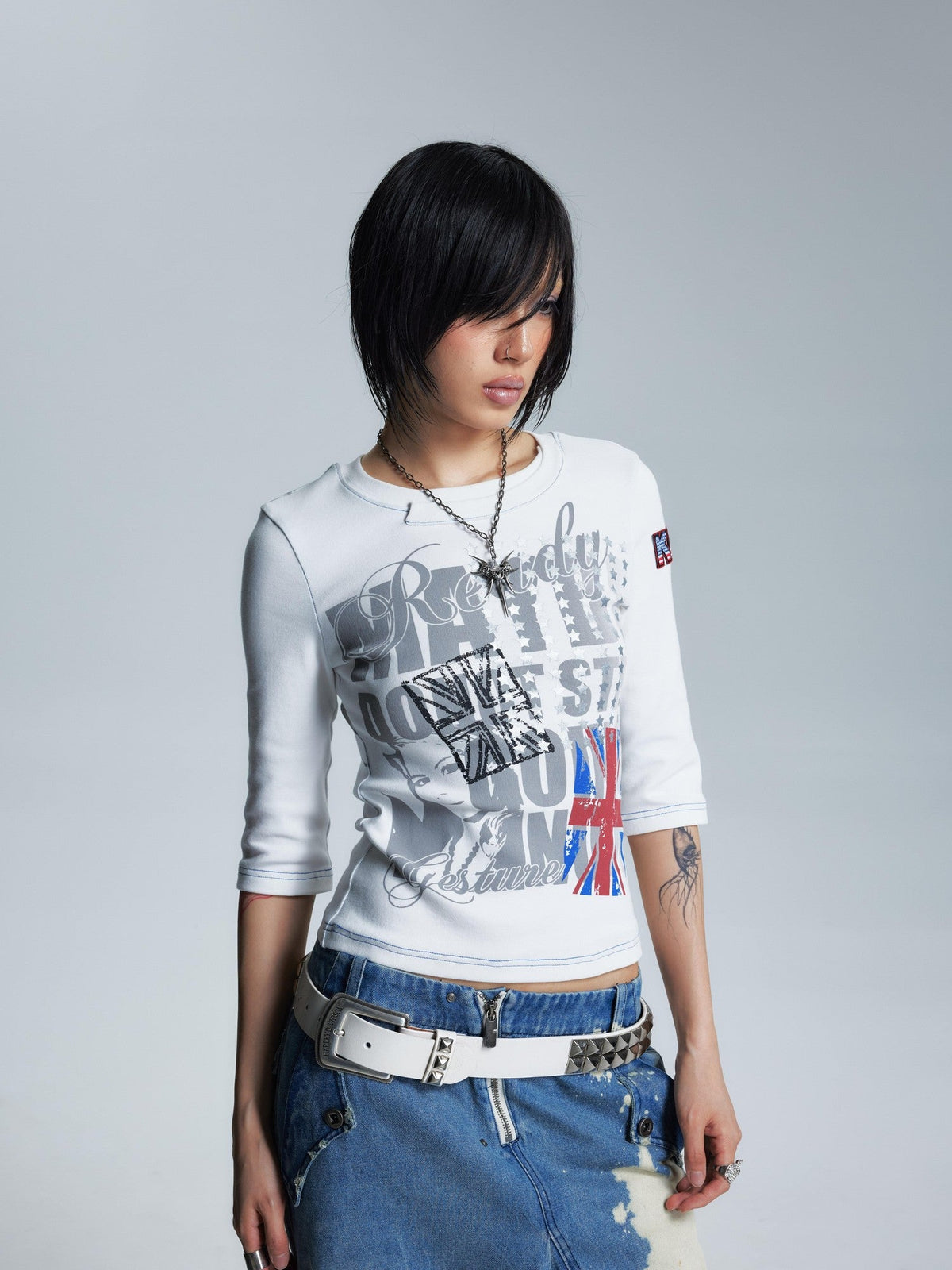 Topstitched Asymmetric Neck Applique Slim Women's Cotton Short Sleeve T-shirts