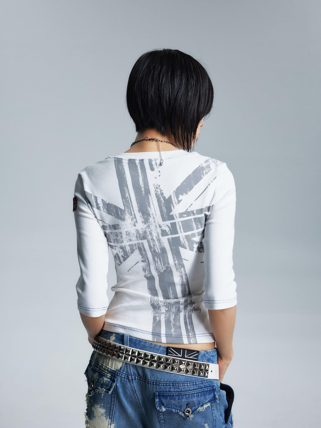 Topstitched Asymmetric Neck Applique Slim Women's Cotton Short Sleeve T-shirts