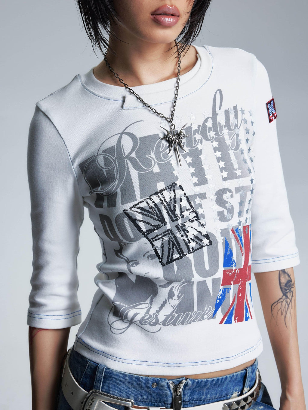 Topstitched Asymmetric Neck Applique Slim Women's Cotton Short Sleeve T-shirts