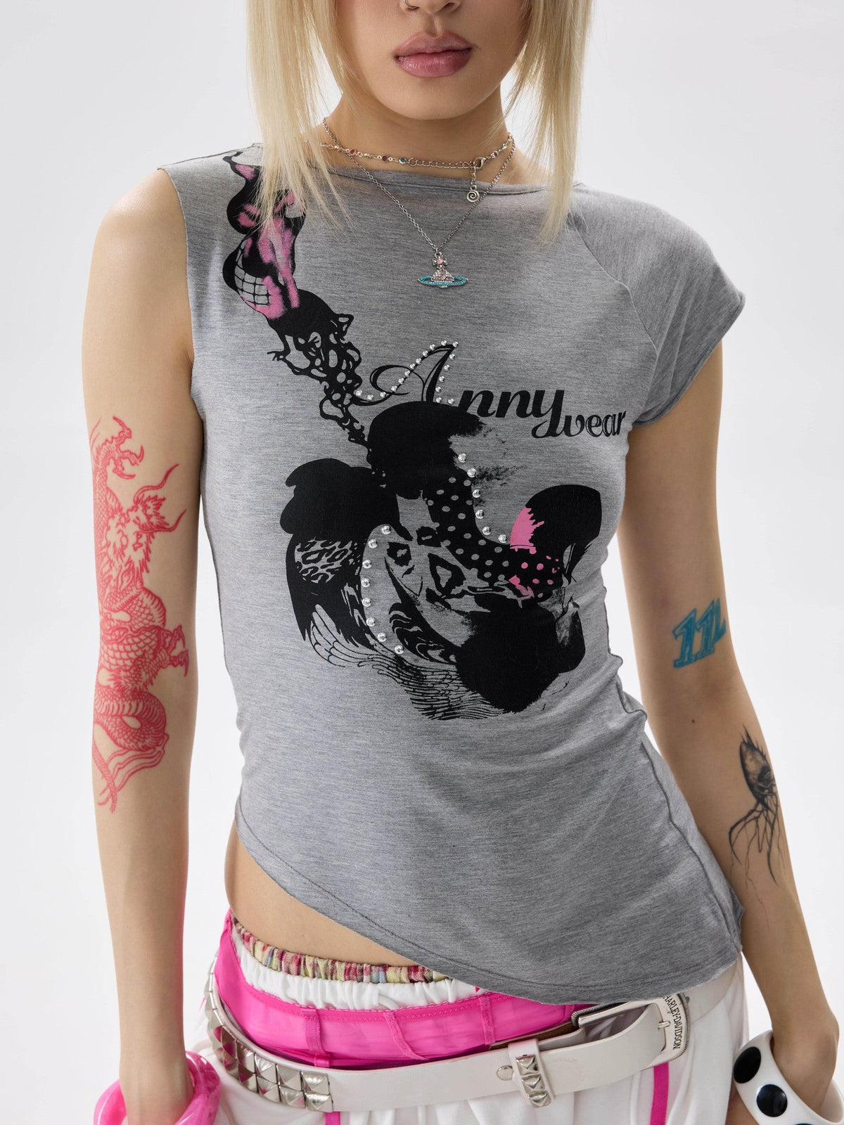 Two Tone Asymmetric Print Rhinestone Slim Women's Cotton Short Sleeve T-shirts