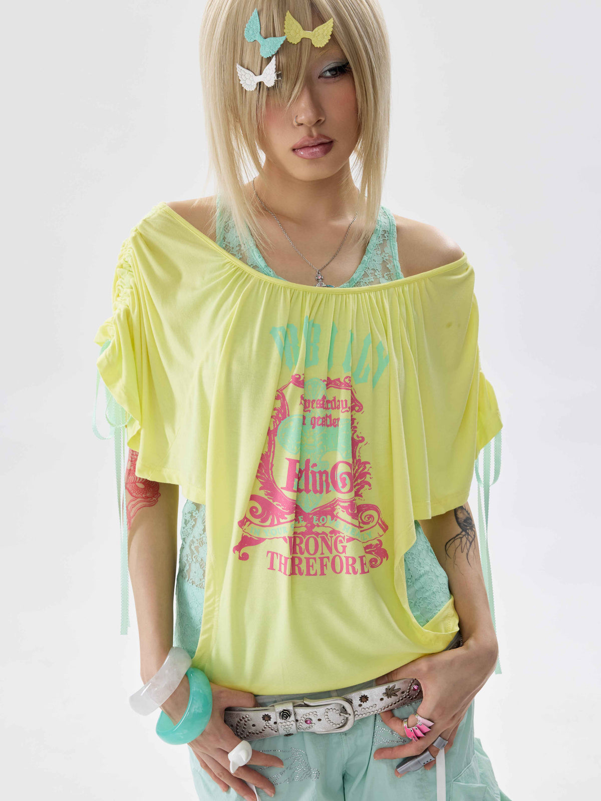 Two Tone Loose Layered One Shoulder Print Short Sleeve Women's Cotton Camisoles