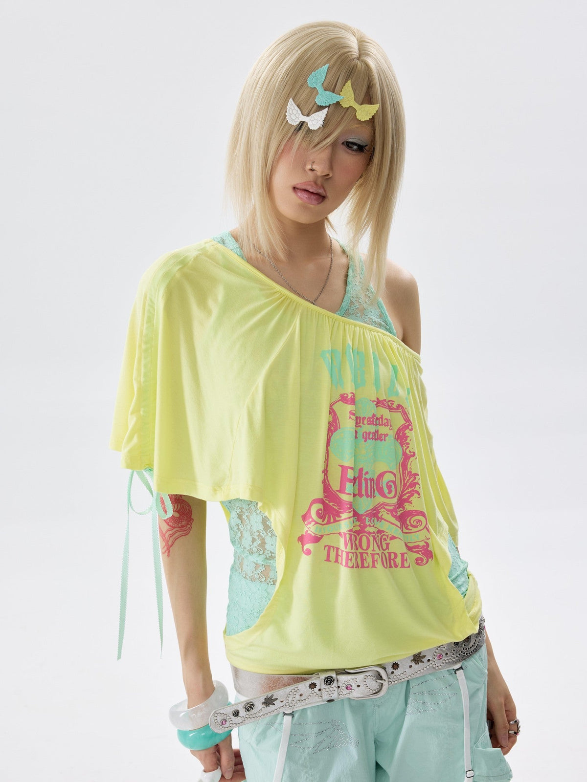 Two Tone Loose Layered One Shoulder Print Short Sleeve Women's Cotton Camisoles