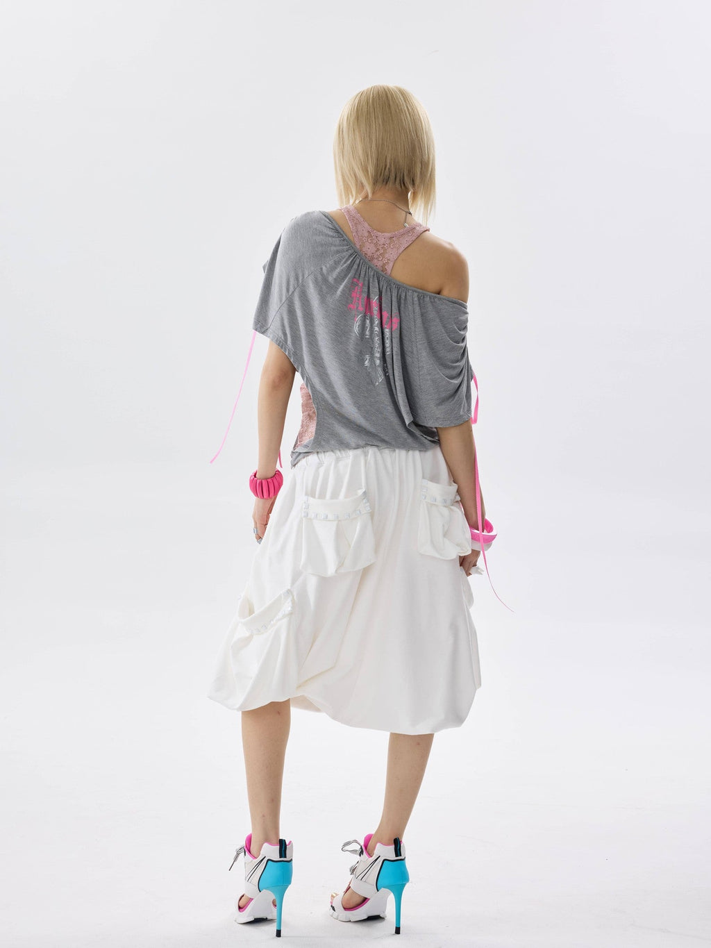 Two Tone Loose Layered One Shoulder Print Short Sleeve Women's Cotton Camisoles