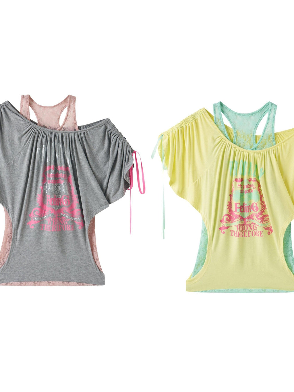 Two Tone Loose Layered One Shoulder Print Short Sleeve Women's Cotton Camisoles