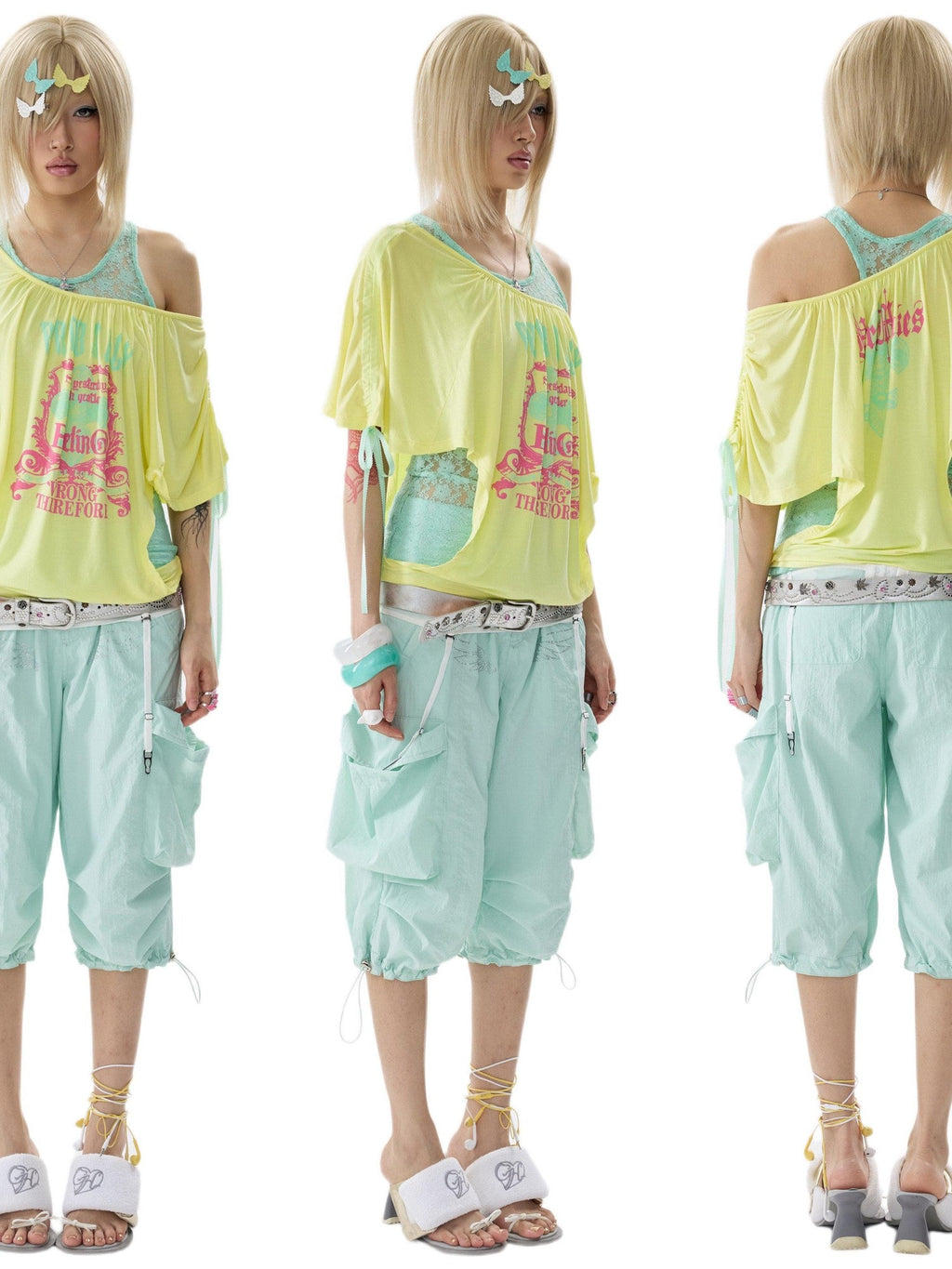 Two Tone Loose Layered One Shoulder Print Short Sleeve Women's Cotton Camisoles