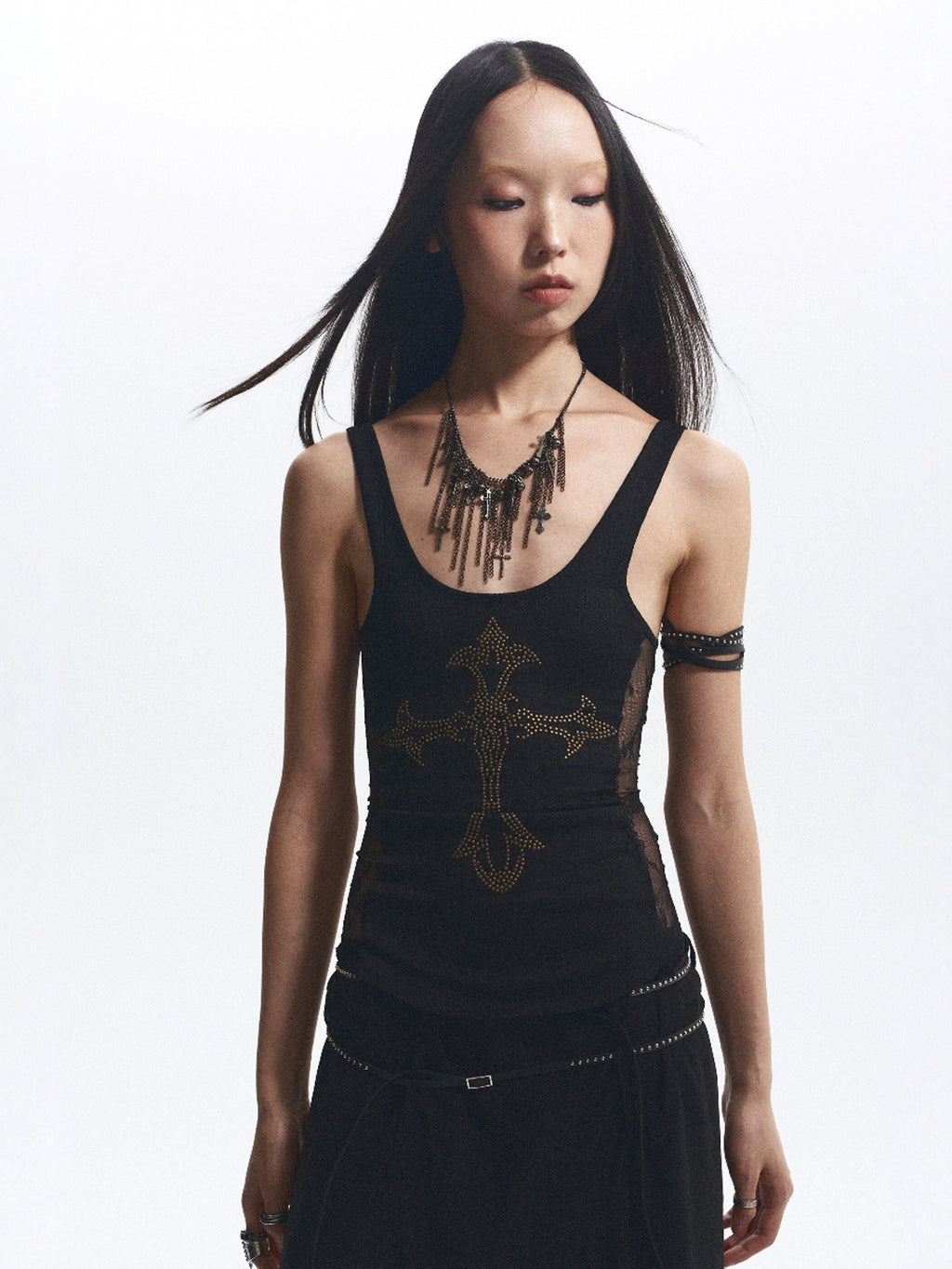Two Tone Rhinestone Lace Embroidered Curved Raw Edge Women's Elastic Tank Tops