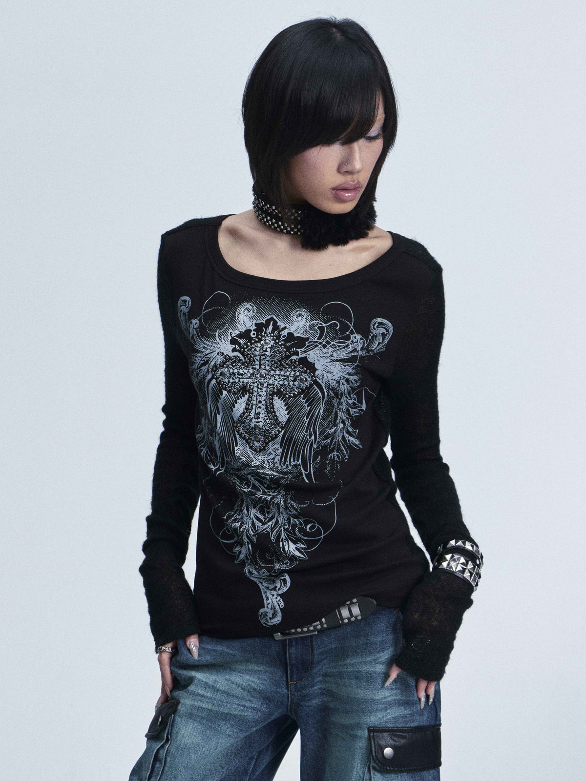 Two Tone Spliced Studded Cross Print Women's Stretch Long Sleeve T-shirts