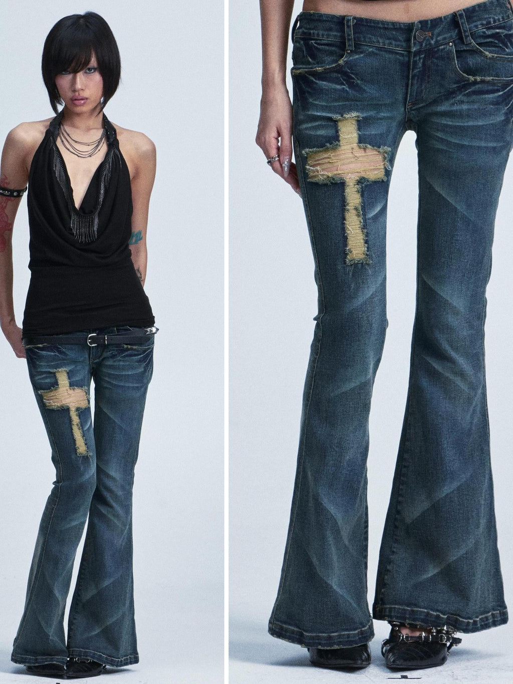 Washed Distressed Slim Low Waist Cross Ripped Double Pocket Women's Flare Pants