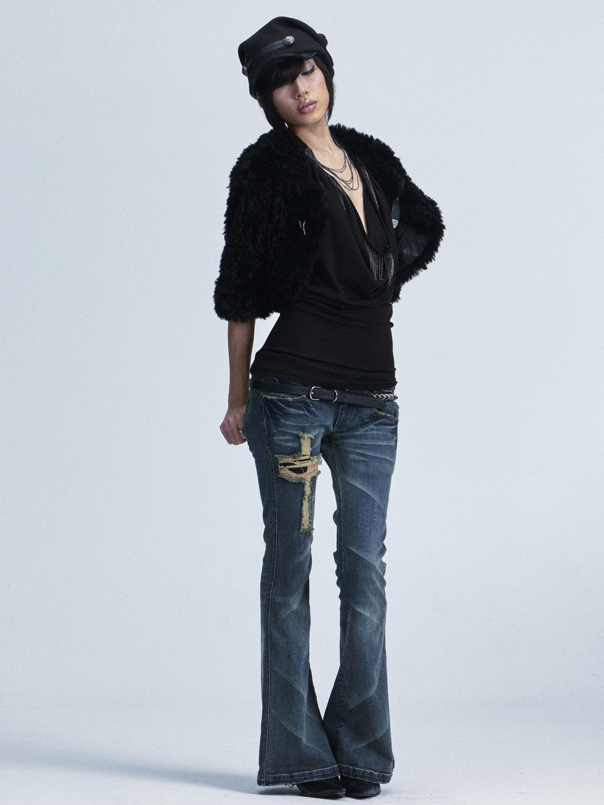 Washed Distressed Slim Low Waist Cross Ripped Double Pocket Women's Flare Pants