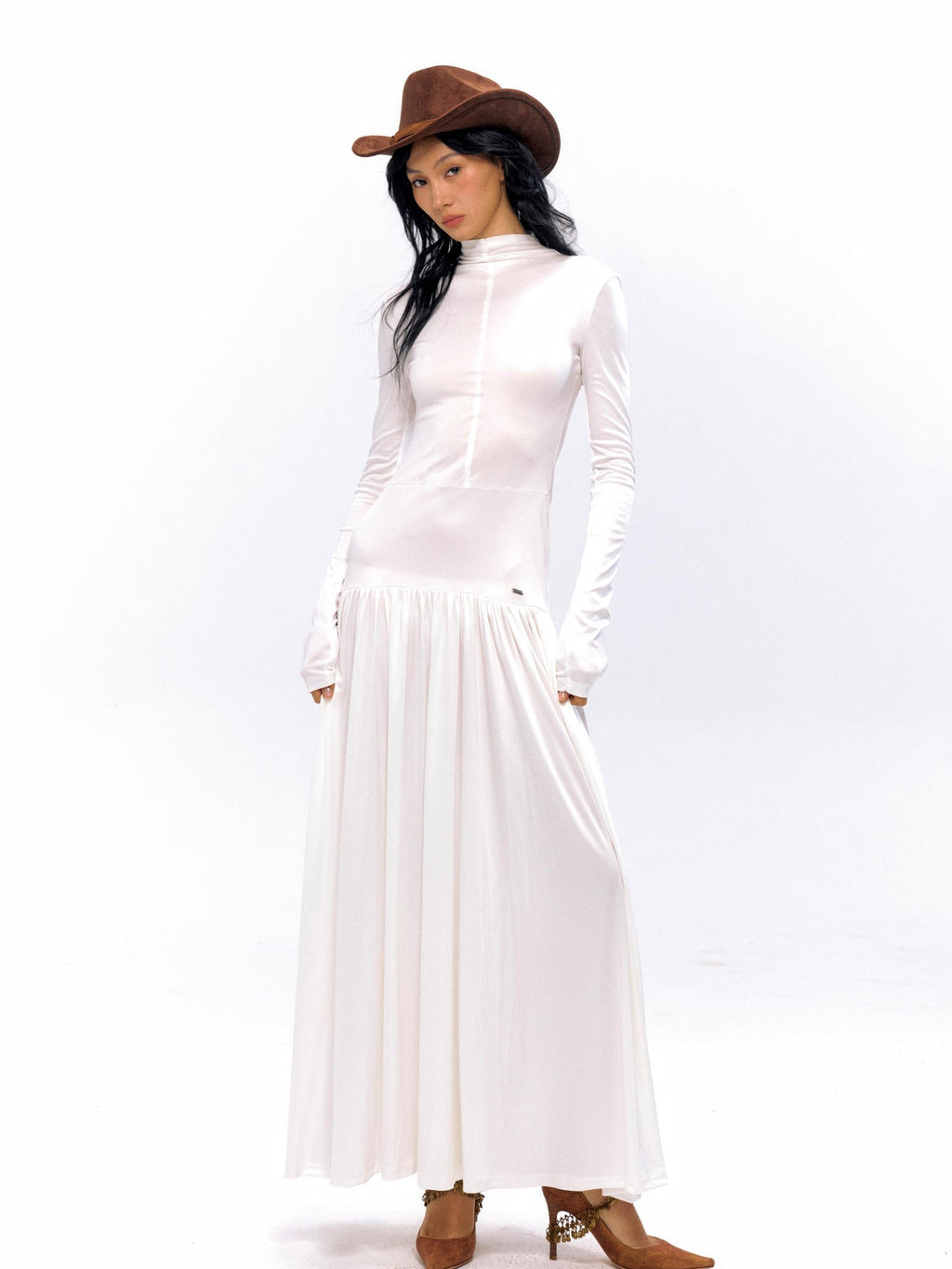 Acetate Knit A Line Bodycon Dress V-neck T-shirt Long Sleeve