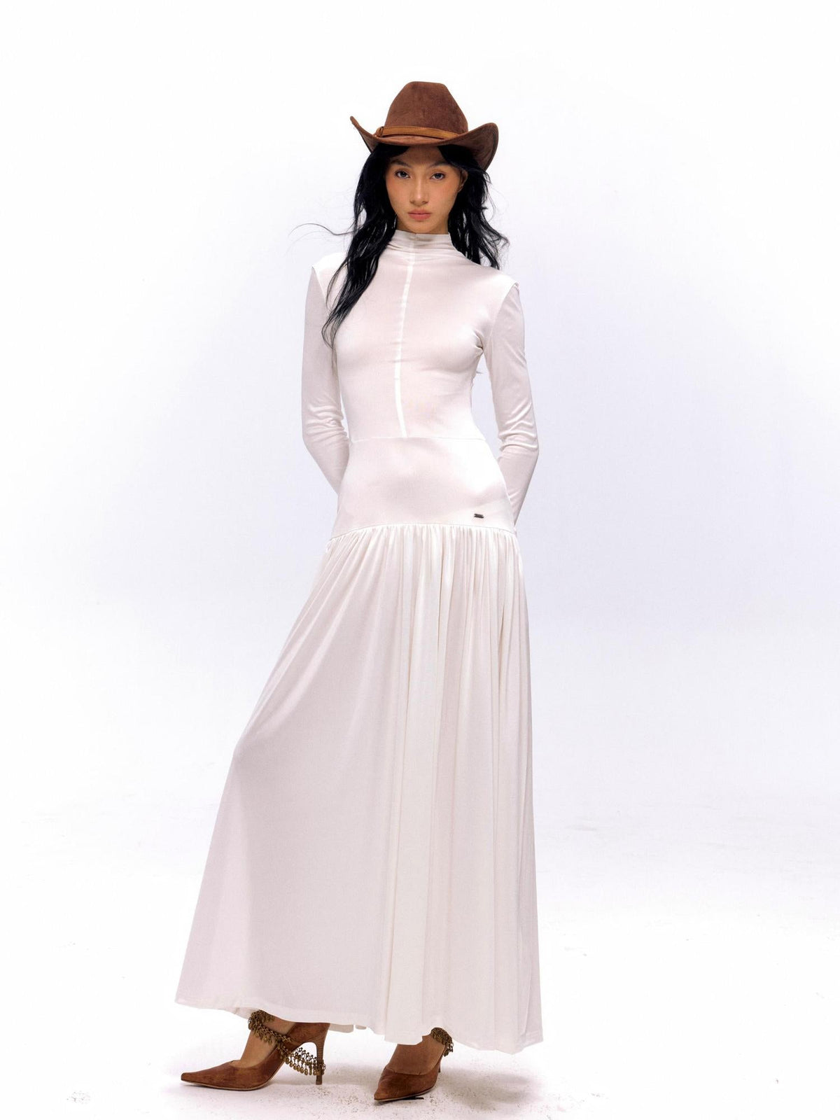 Acetate Knit A Line Bodycon Dress V-neck T-shirt Long Sleeve