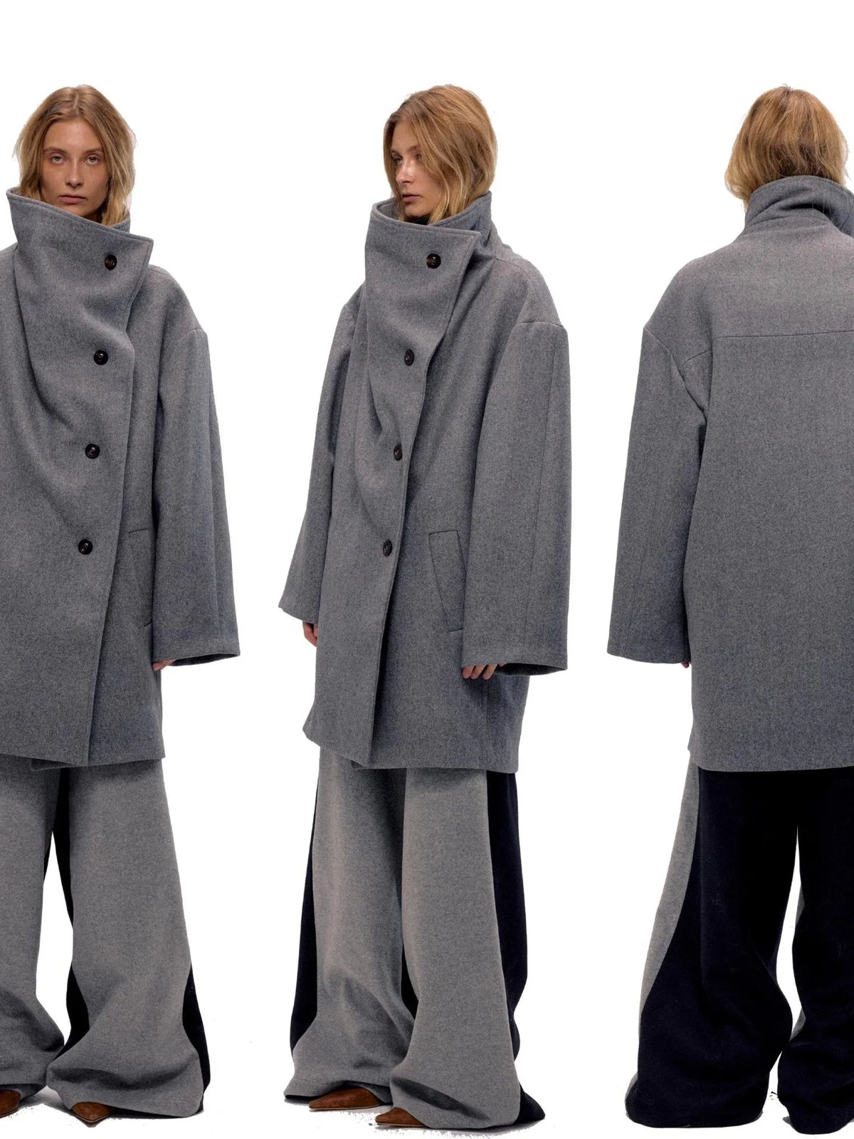 Asymmetric Placket Wool Blend Cape Coat