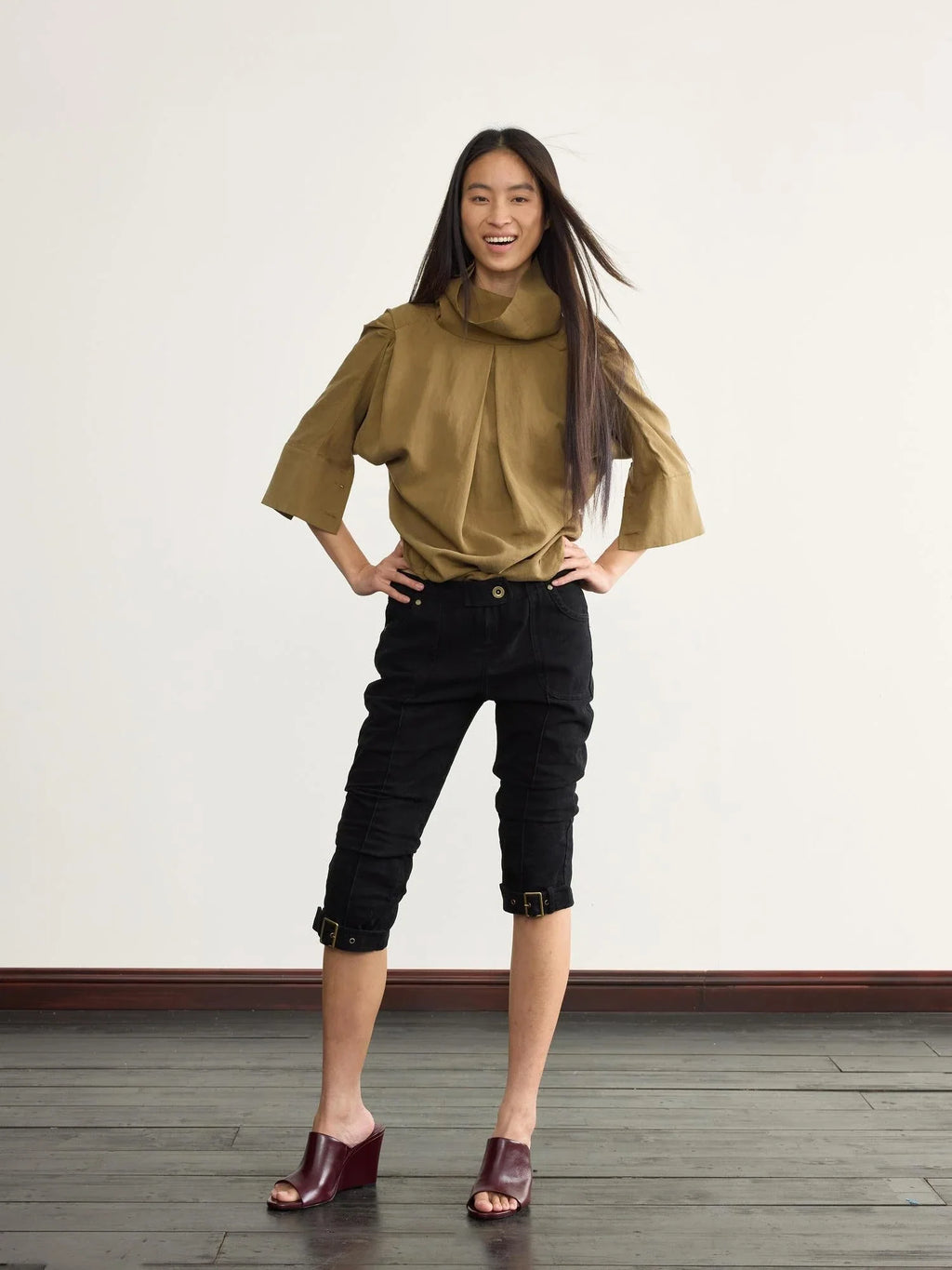Asymmetric Pleated Linen Blend Shirt with Adjustable Neckline